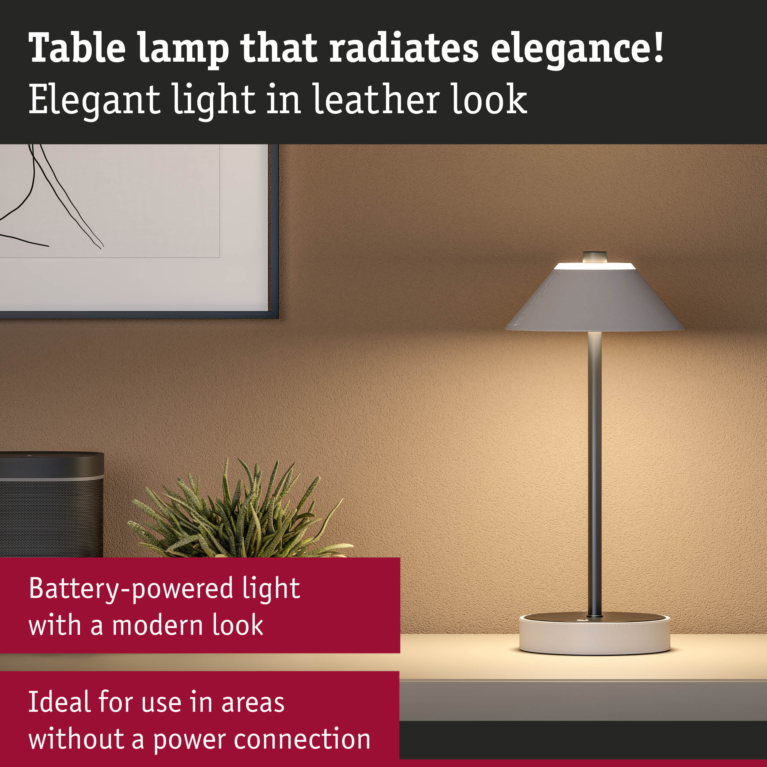 Modern battery-powered table lamp in leather look with elegant design and warm light.