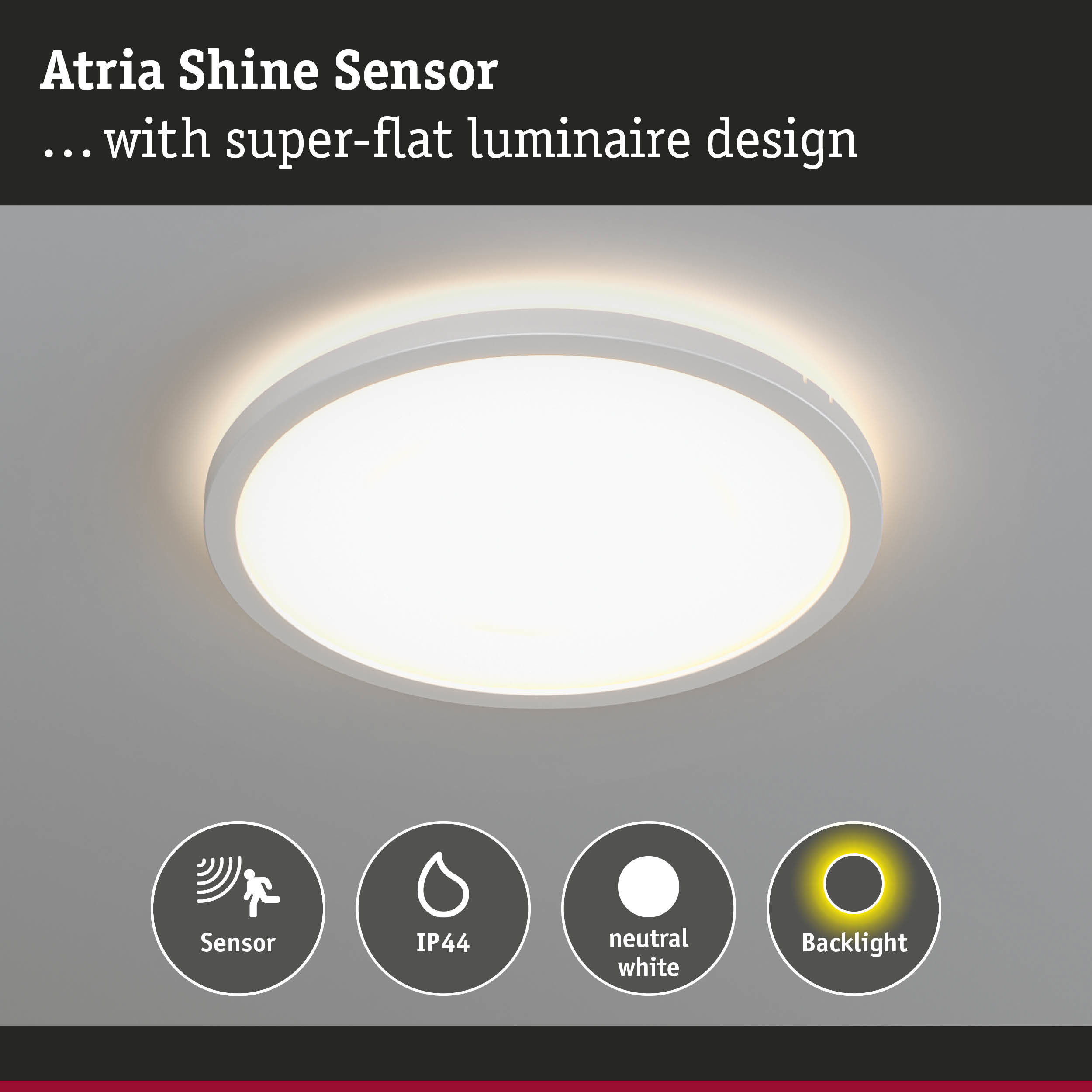 Round Atria Shine Sensor ceiling light in white with IP44 rating and neutral white illumination