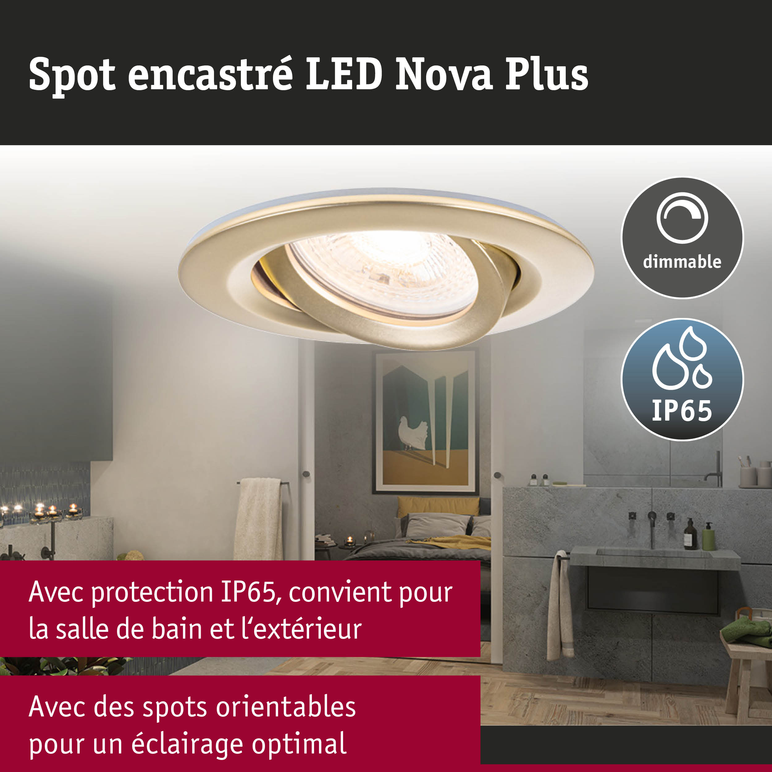 Spot encastré LED Nova Plus doré avec protection IP65 pour salle de bain et extérieur