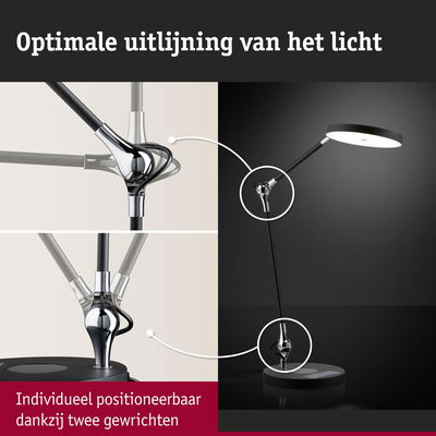 Zwarte LED-bureaulamp met twee verstelbare gewrichten voor optimale lichtuitlijning en werkverlichting