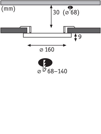 Technical drawing showing dimensions of round recessed spotlight Ø160 mm and 30 mm depth