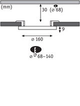 Technical drawing showing dimensions of round recessed spotlight Ø160 mm and 30 mm depth