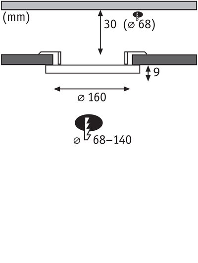 Technical drawing showing dimensions of round recessed spotlight Ø160 mm and 30 mm depth