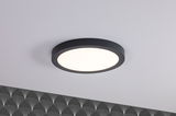 Round LED ceiling light with black metal frame and warm white light for modern living spaces