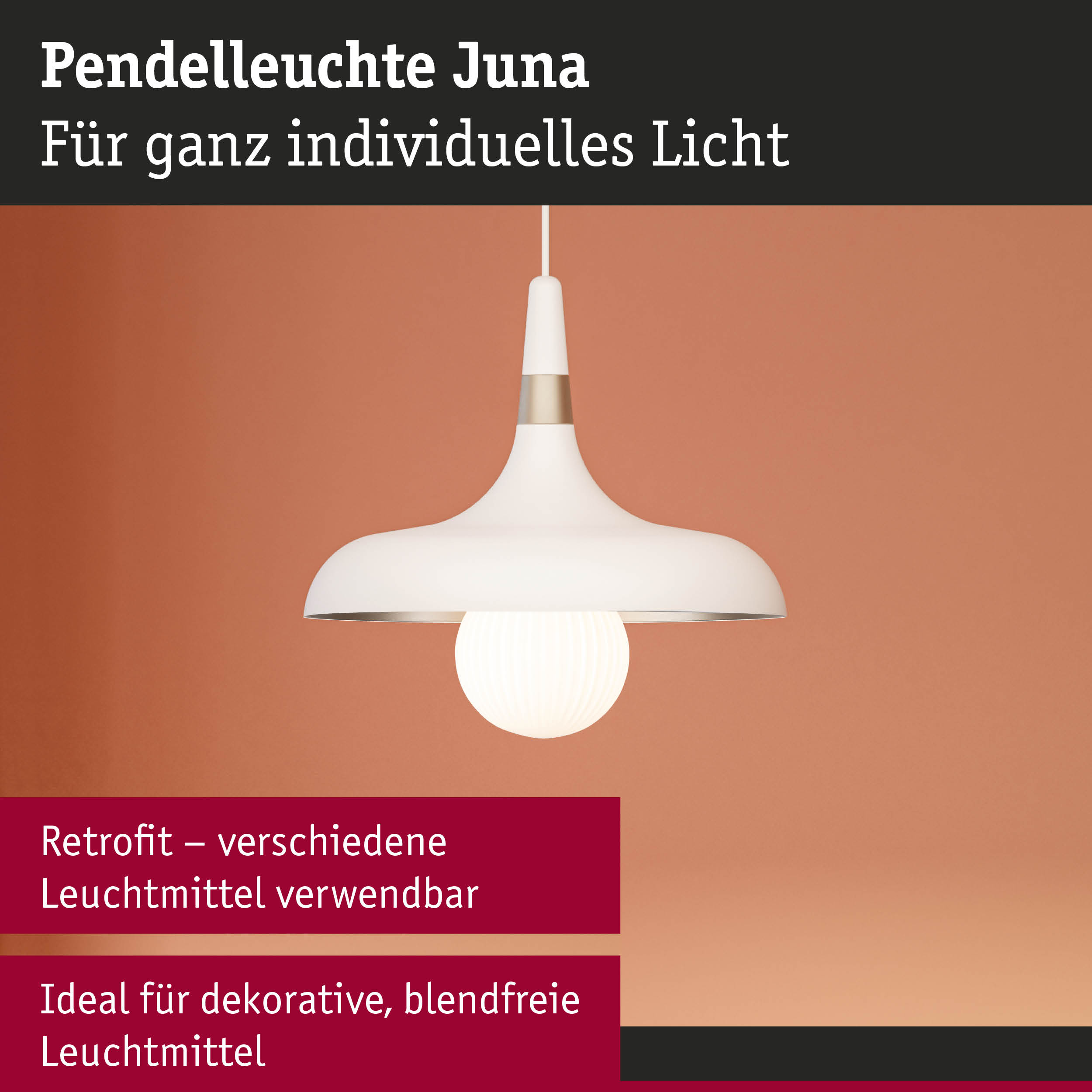 Pendelleuchte Juna in Weiß mit goldfarbenem Akzent und warmem Licht für individuelle Raumbeleuchtung