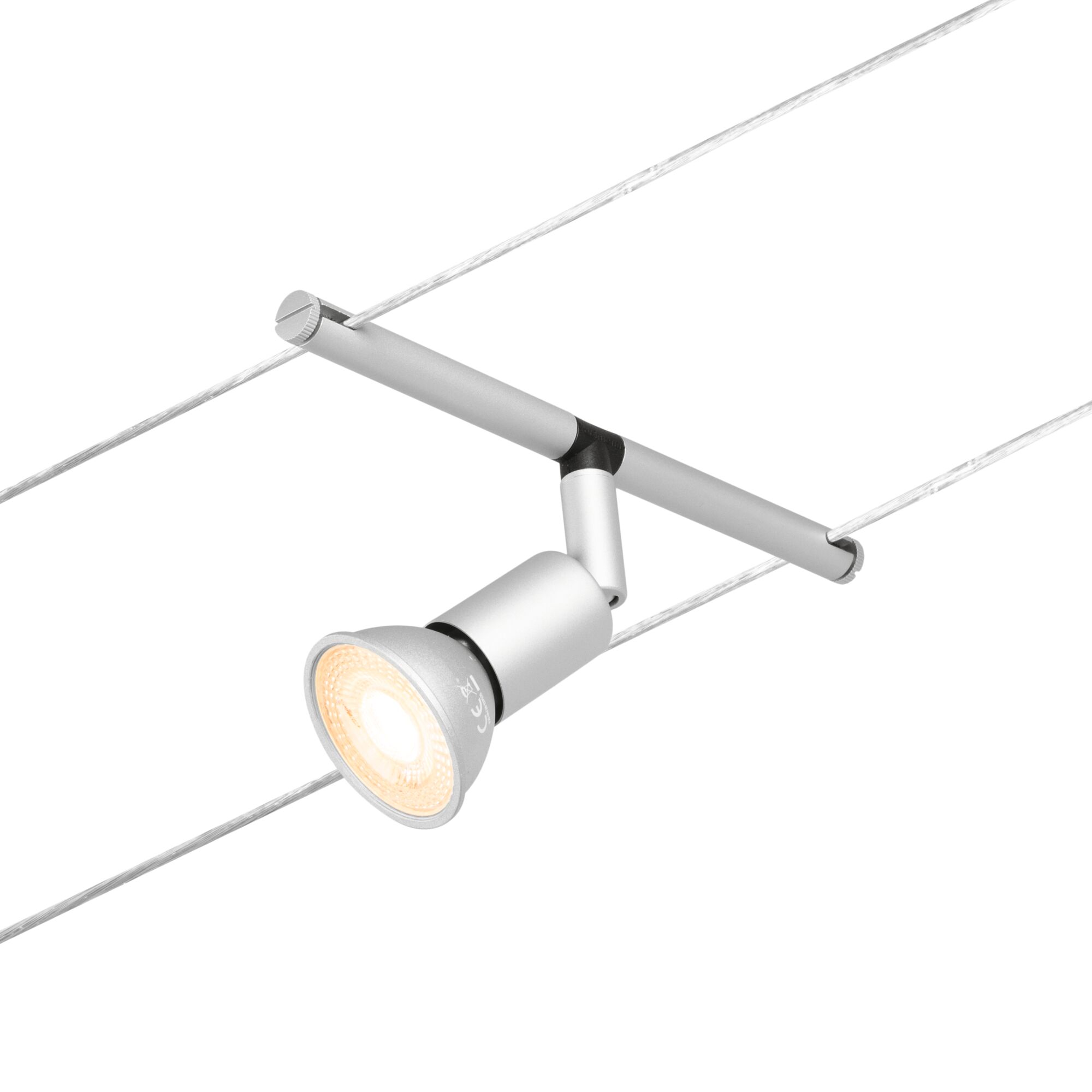Modern silver aluminum cable spotlight with warm white LED light for flexible lighting solutions