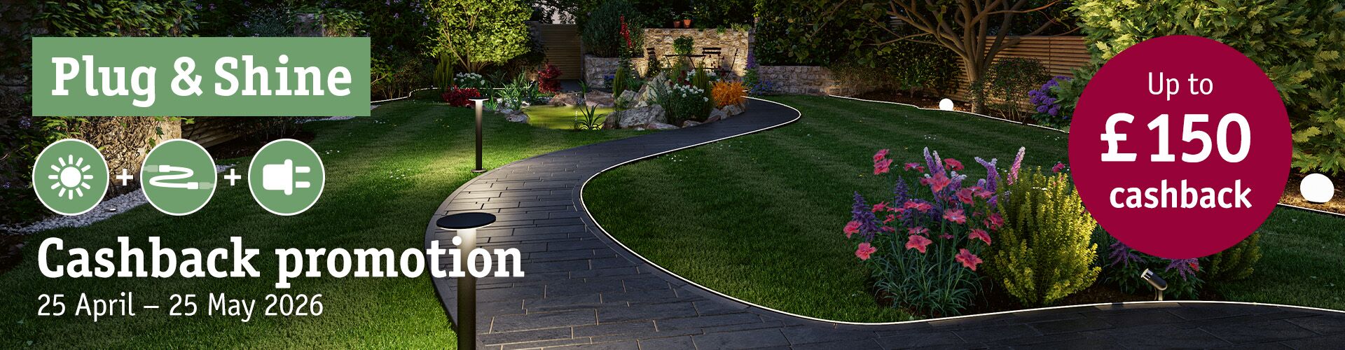 Garden path with LED outdoor lighting and Plug & Shine cashback promotion valid until May 2026