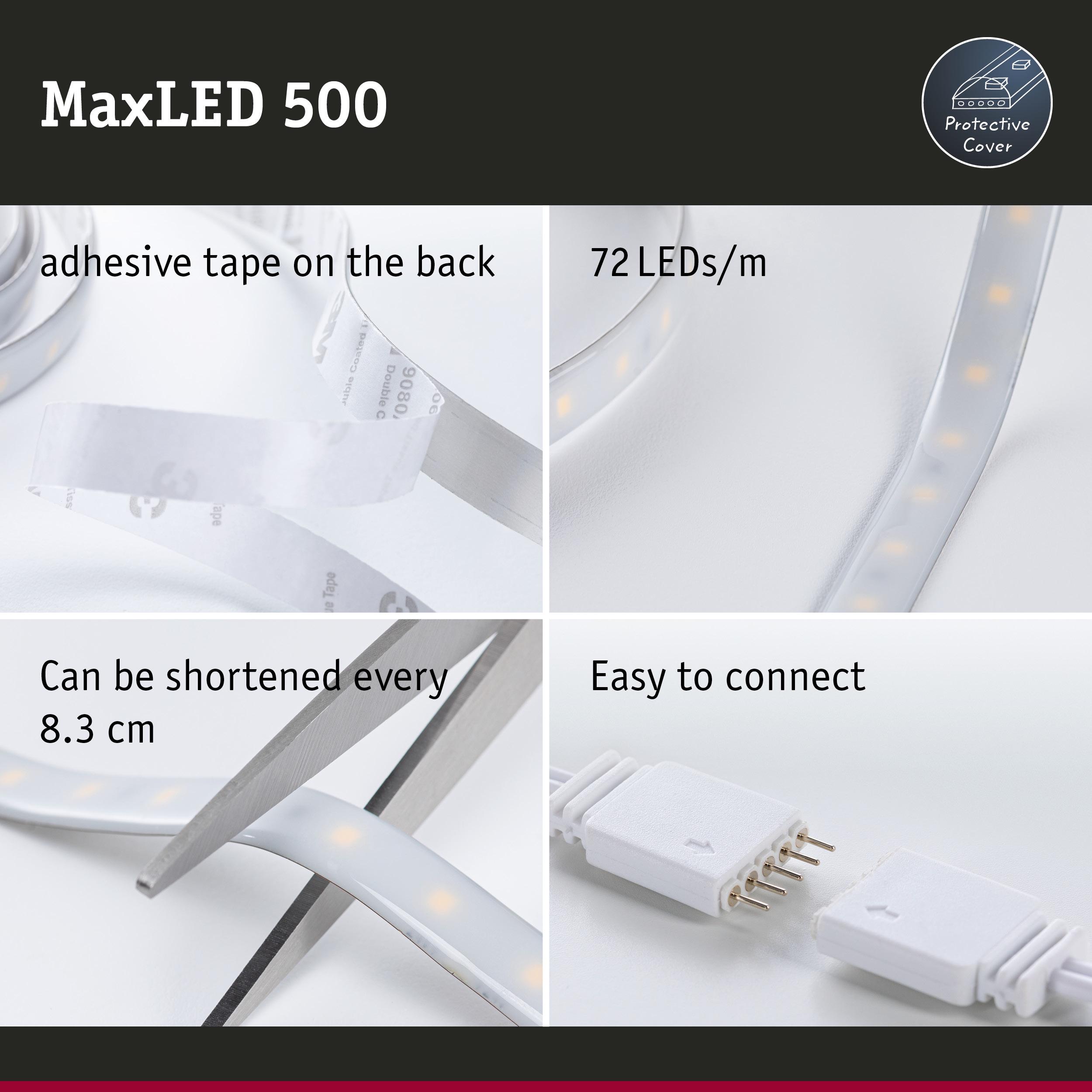 MaxLED 500 LED strip with protective cover, 72 LEDs per meter, adhesive tape, cuttable every 8.3 cm, easy to connect