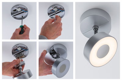 Montage eines runden LED-Deckenstrahlers in Silber mit dimmbarer Lichtquelle und moderner Optik.