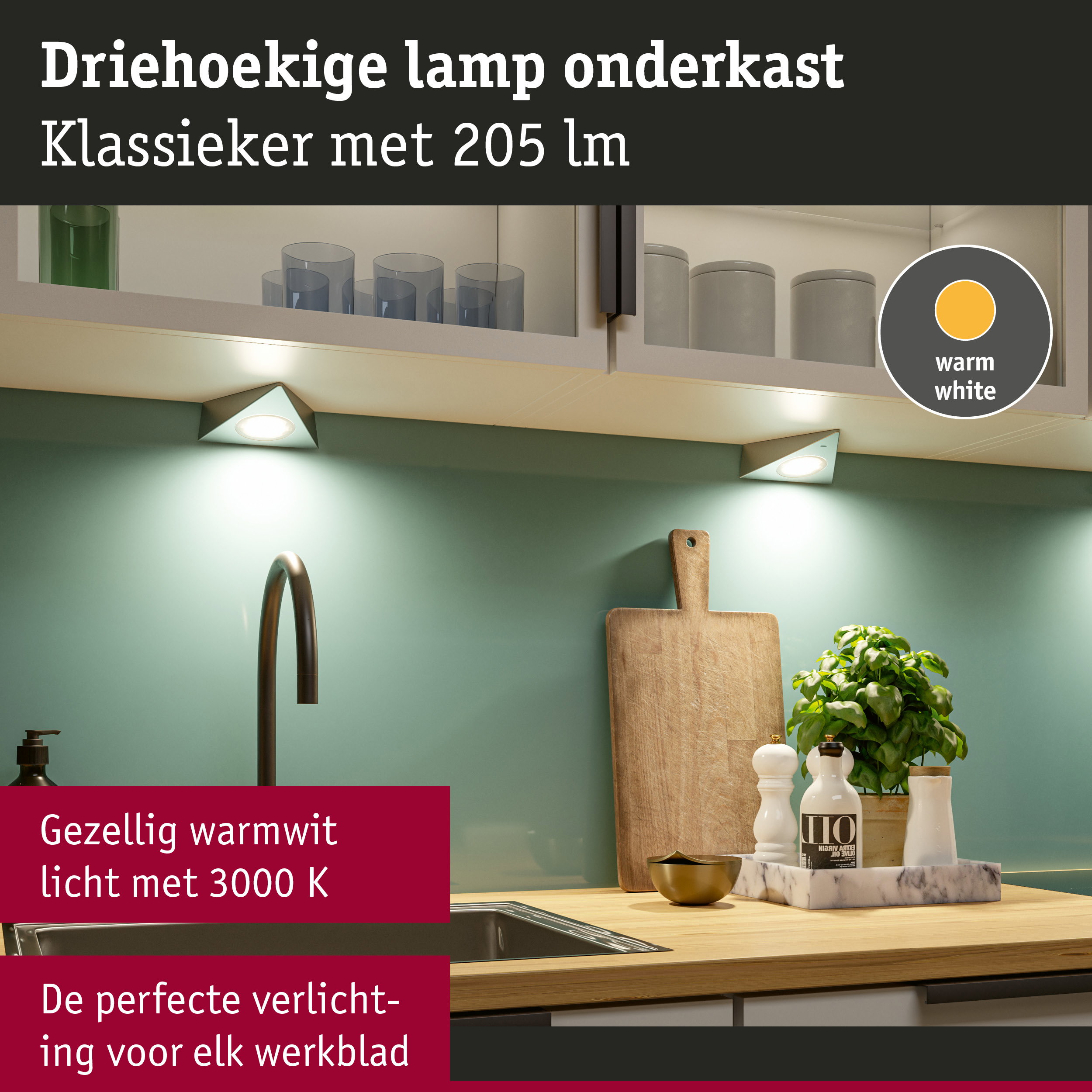 Driehoekige witte onderkastlamp met warm wit licht, perfect voor keukenwerkbladen