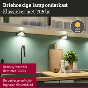 Driehoekige witte onderkastlamp met warm wit licht, perfect voor keukenwerkbladen