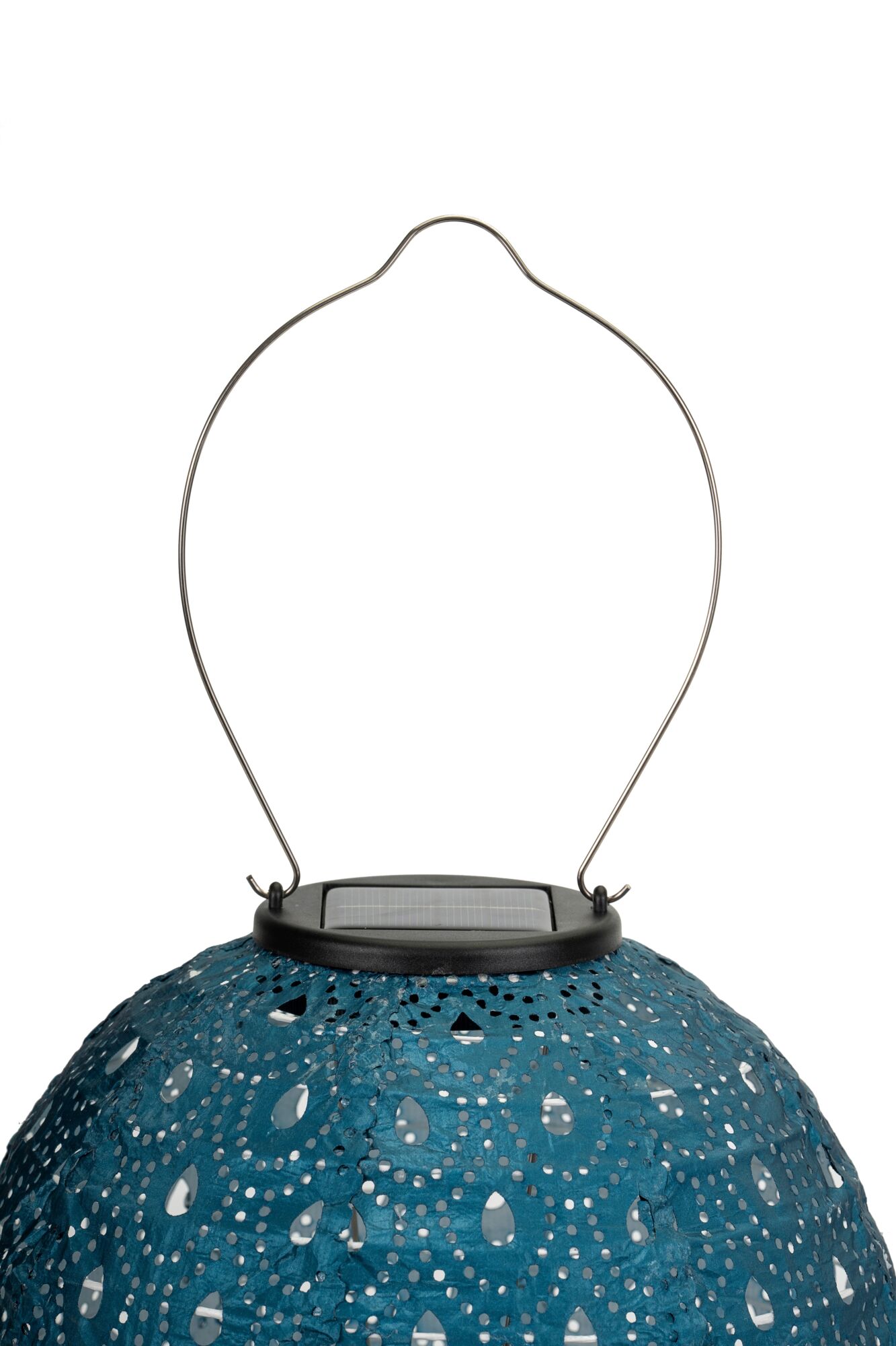Blue metal solar lantern with perforated pattern and curved metal handle for garden lighting