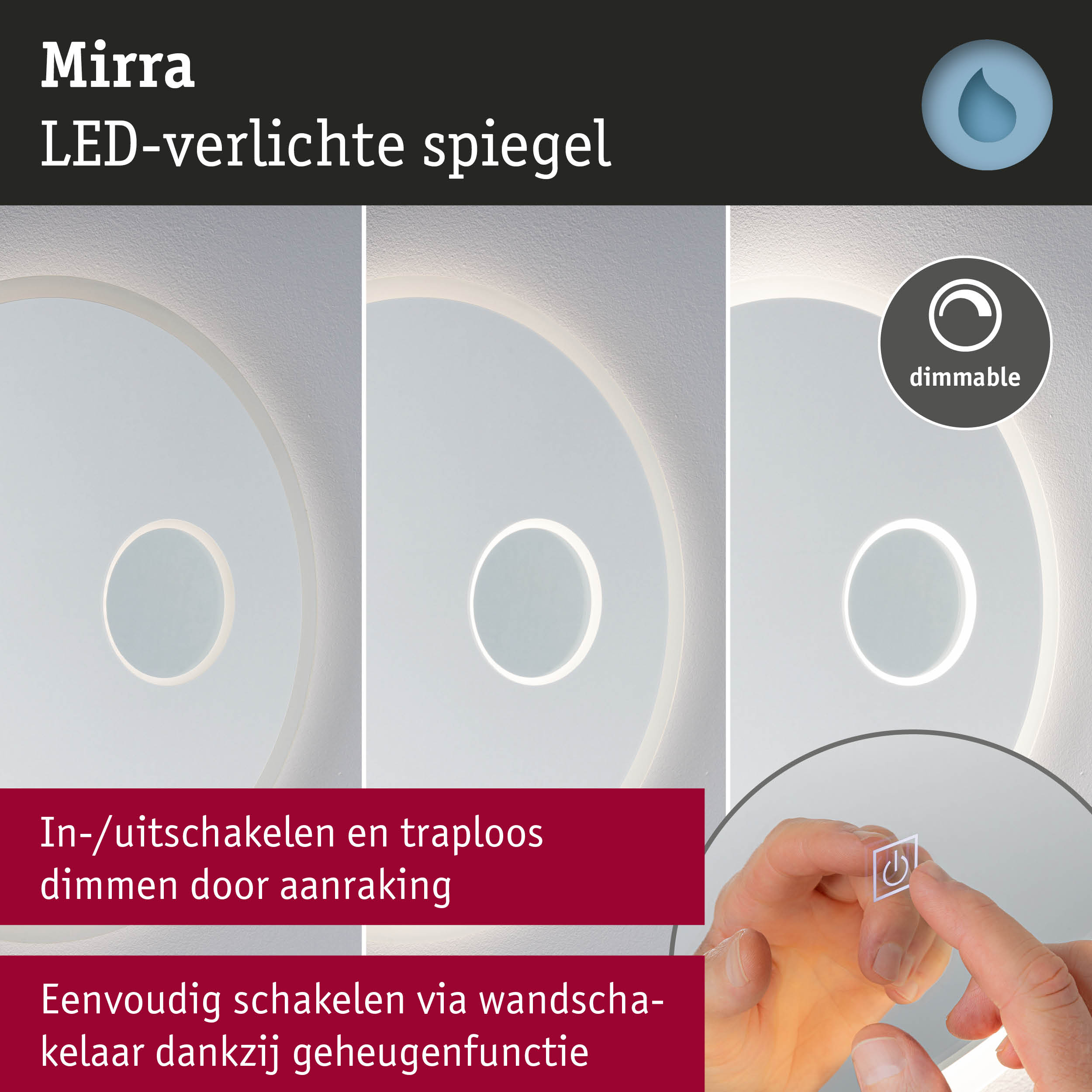 Mirra LED-verlichte spiegel met dimbare touchbediening voor moderne badkamerverlichting