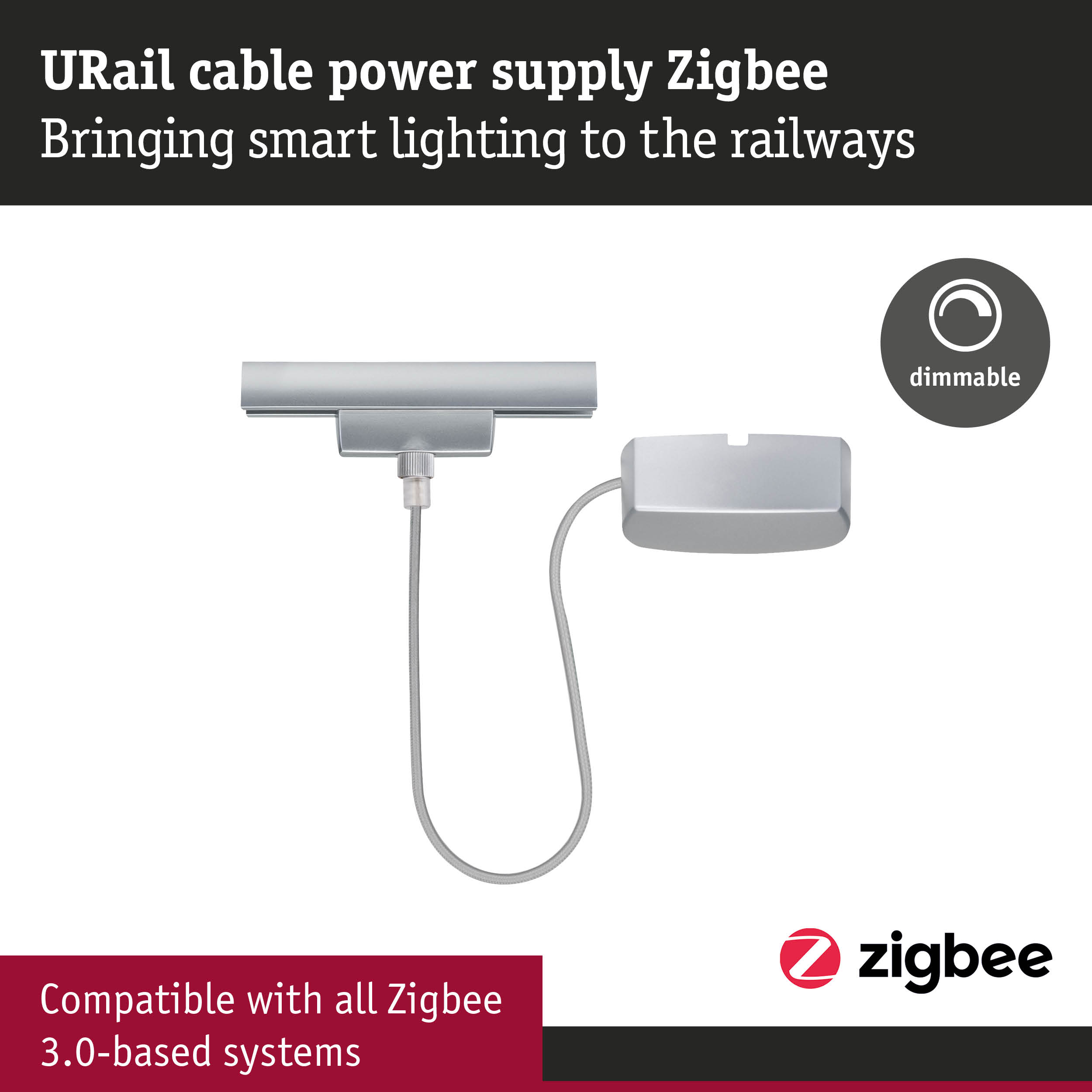 URail cable power supply Zigbee in silver with dimmable feature for smart lighting systems