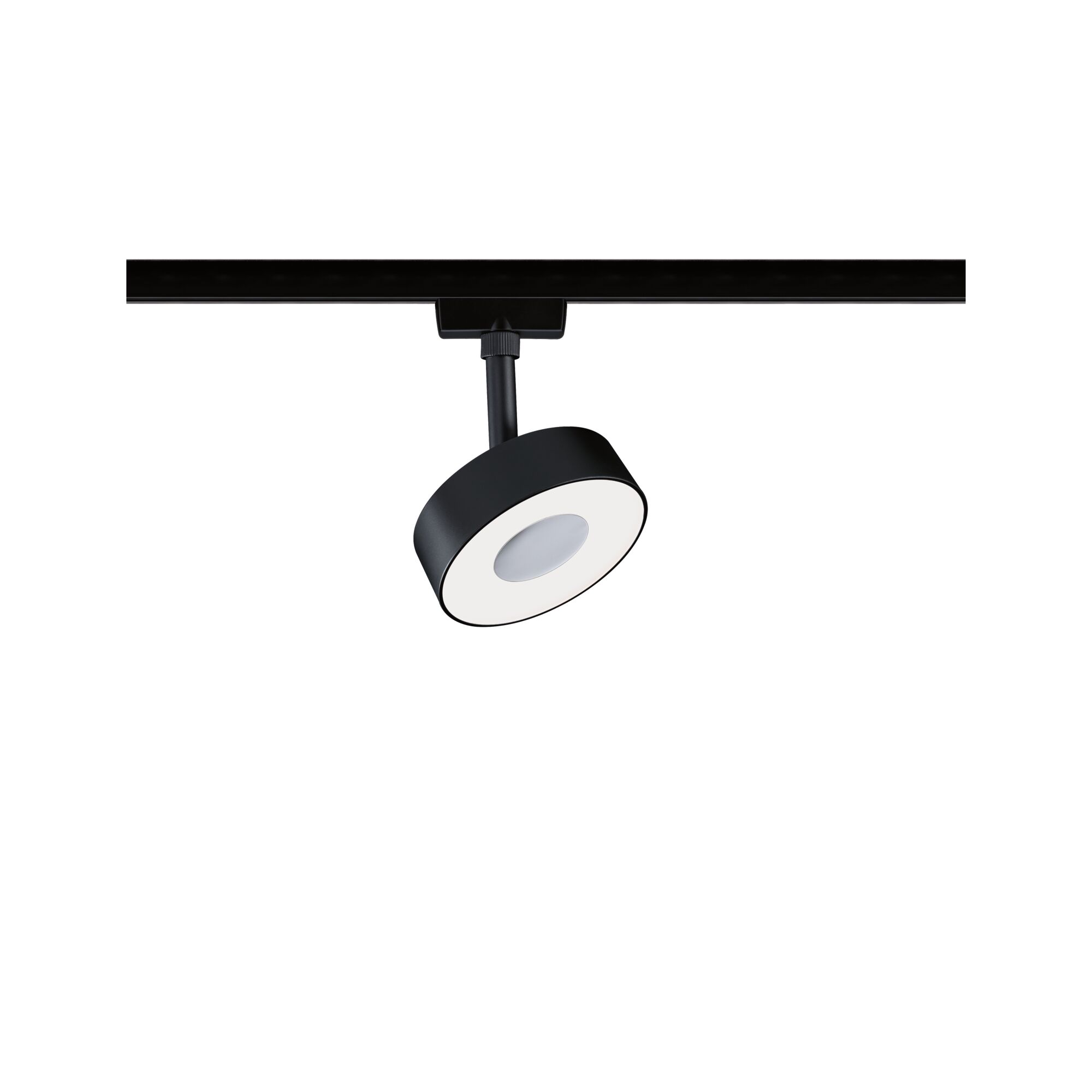 Schwarzer LED-Spot aus Metall mit weißem Diffusor an Schienensystem für moderne Beleuchtung