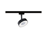 Schwarzer LED-Spot aus Metall mit weißem Diffusor an Schienensystem für moderne Beleuchtung