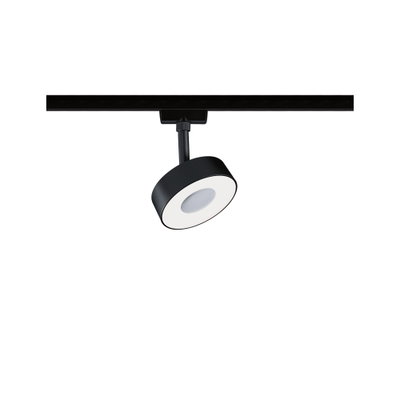 Schwarzer LED-Spot aus Metall mit weißem Diffusor an Schienensystem für moderne Beleuchtung