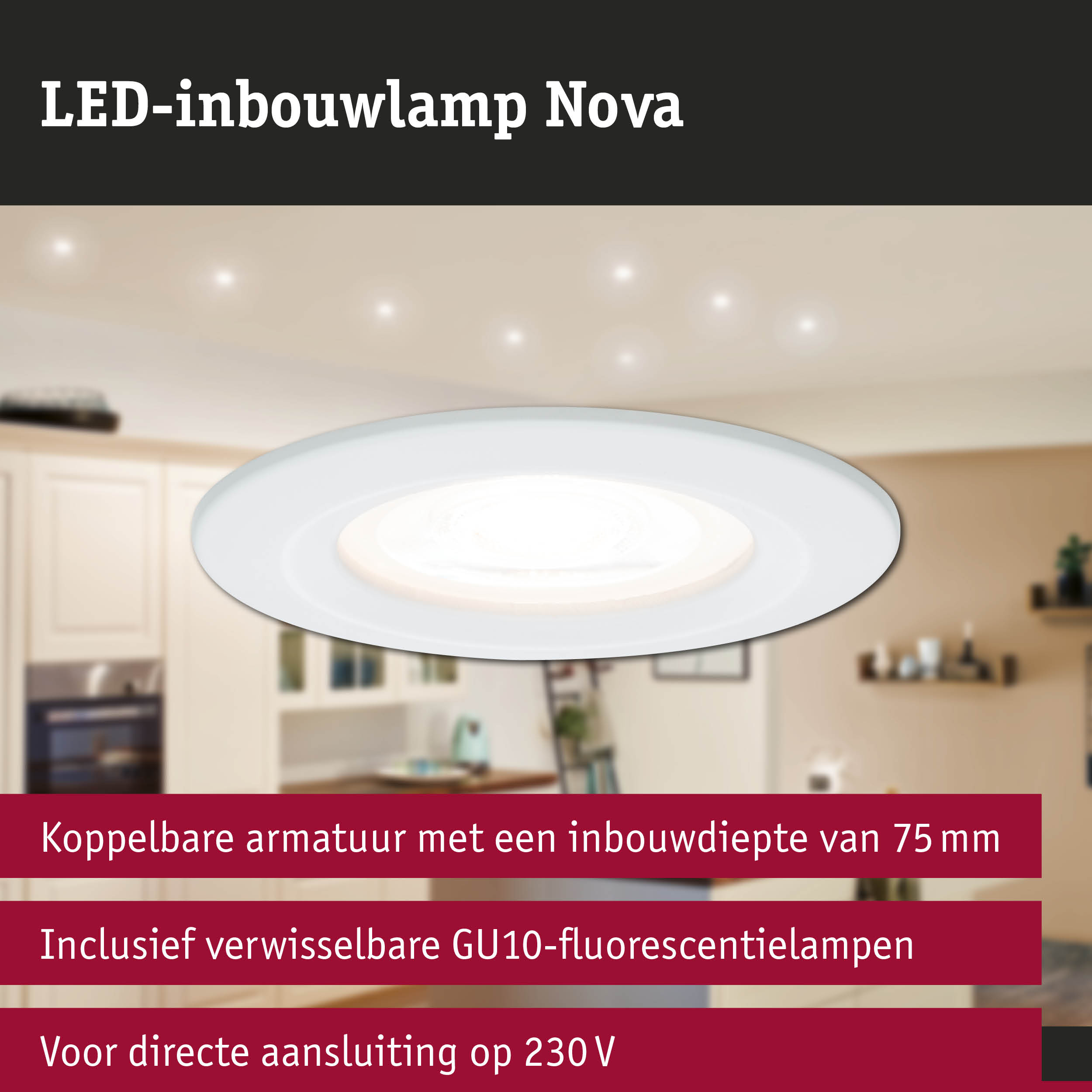Witte LED-inbouwlamp Nova met koppelbare armatuur en verwisselbare GU10-lampen voor 230V