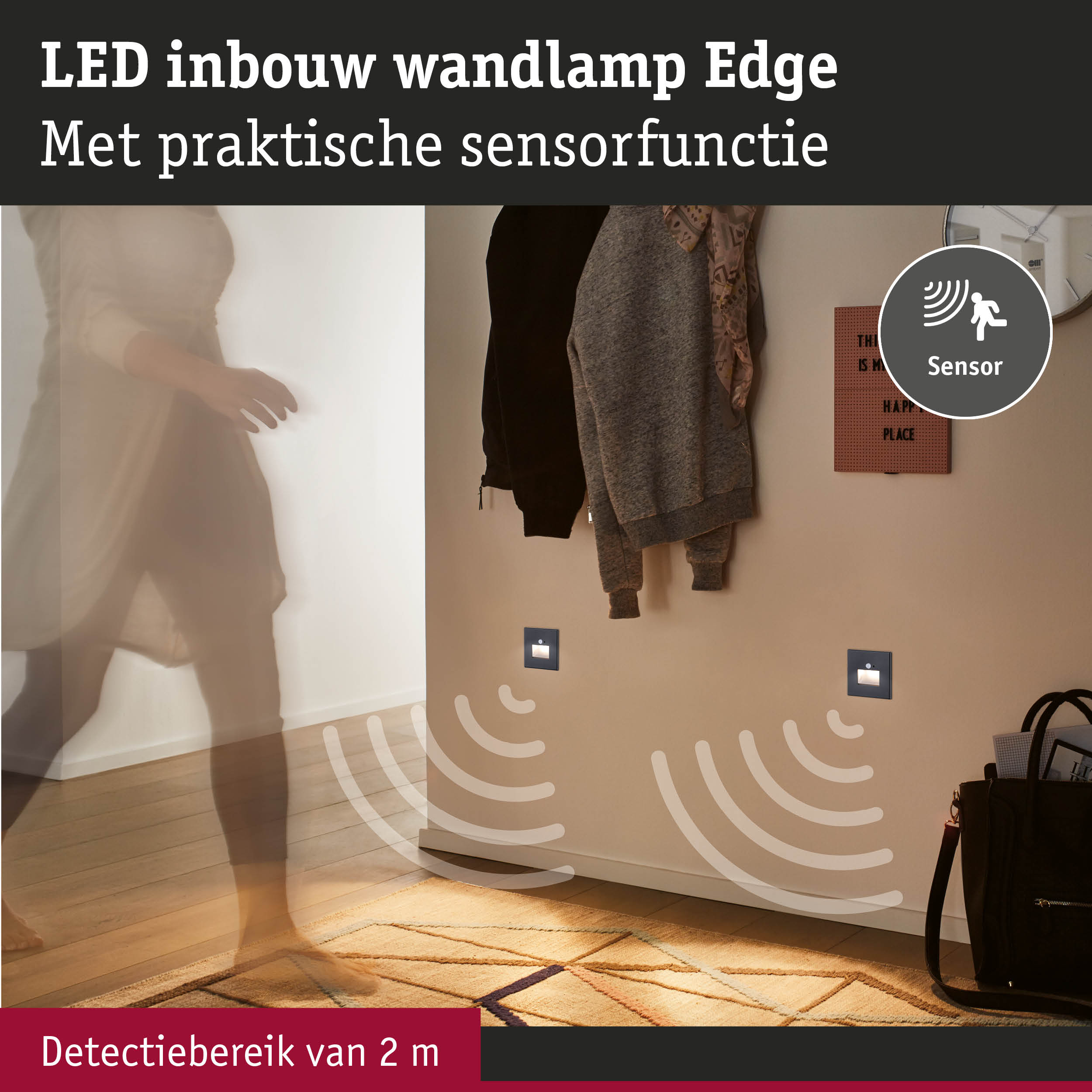 LED inbouw wandlamp Edge met praktische sensorfunctie en detectiebereik van 2 meter in moderne hal