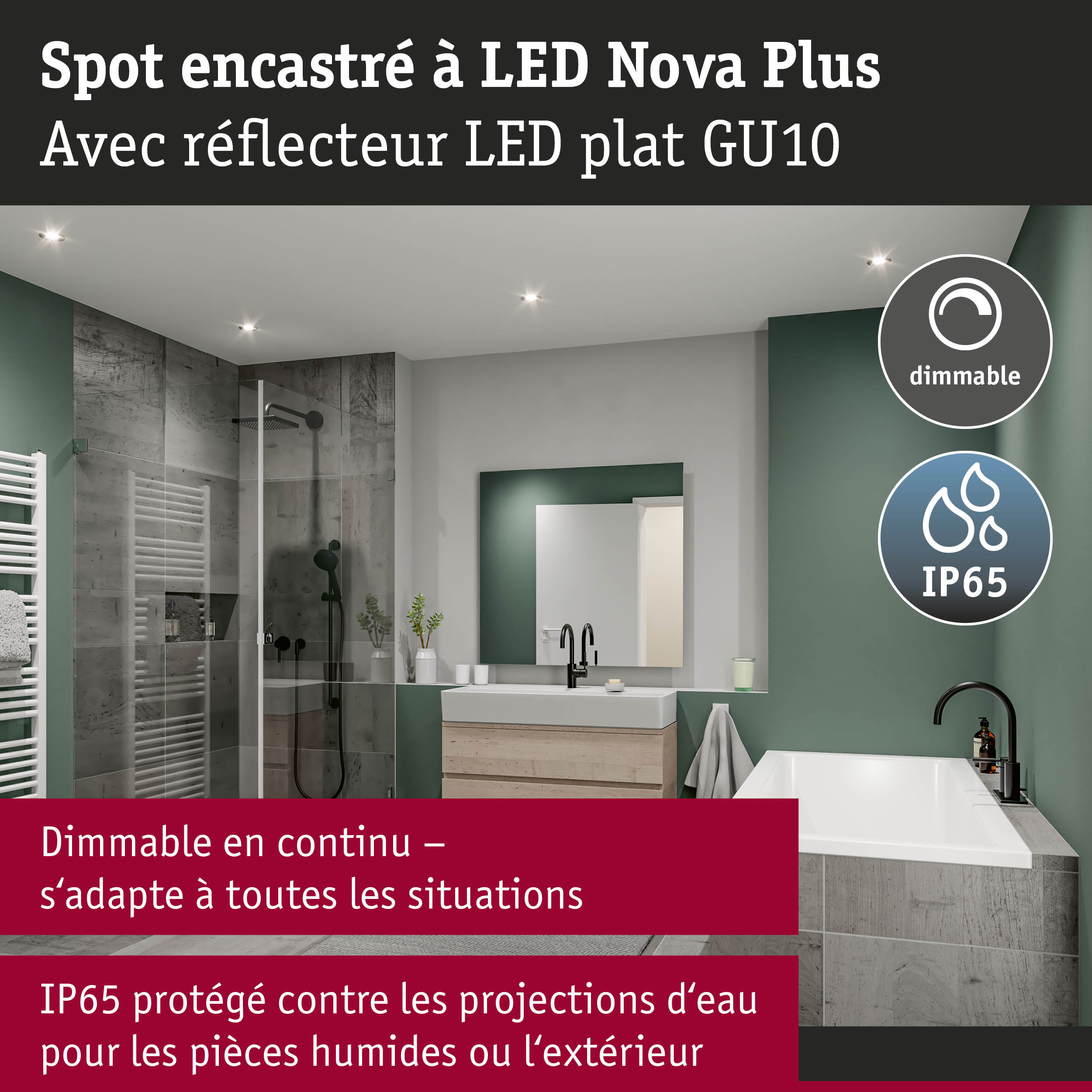 Spot encastré LED Nova Plus avec réflecteur LED plat GU10, dimmable et IP65 pour pièces humides