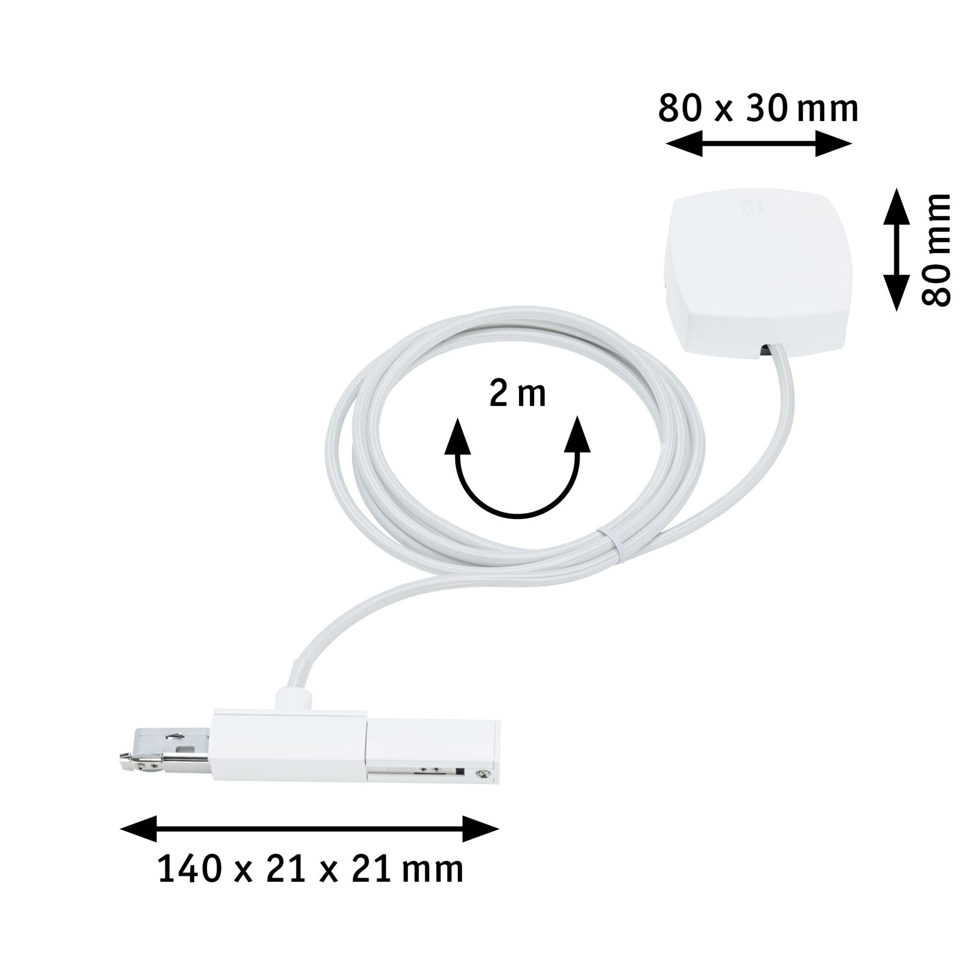 Weißes LED-Schienenverbinderkabel mit 2 m Länge und Maßen 140x21x21 mm für Lichtsysteme