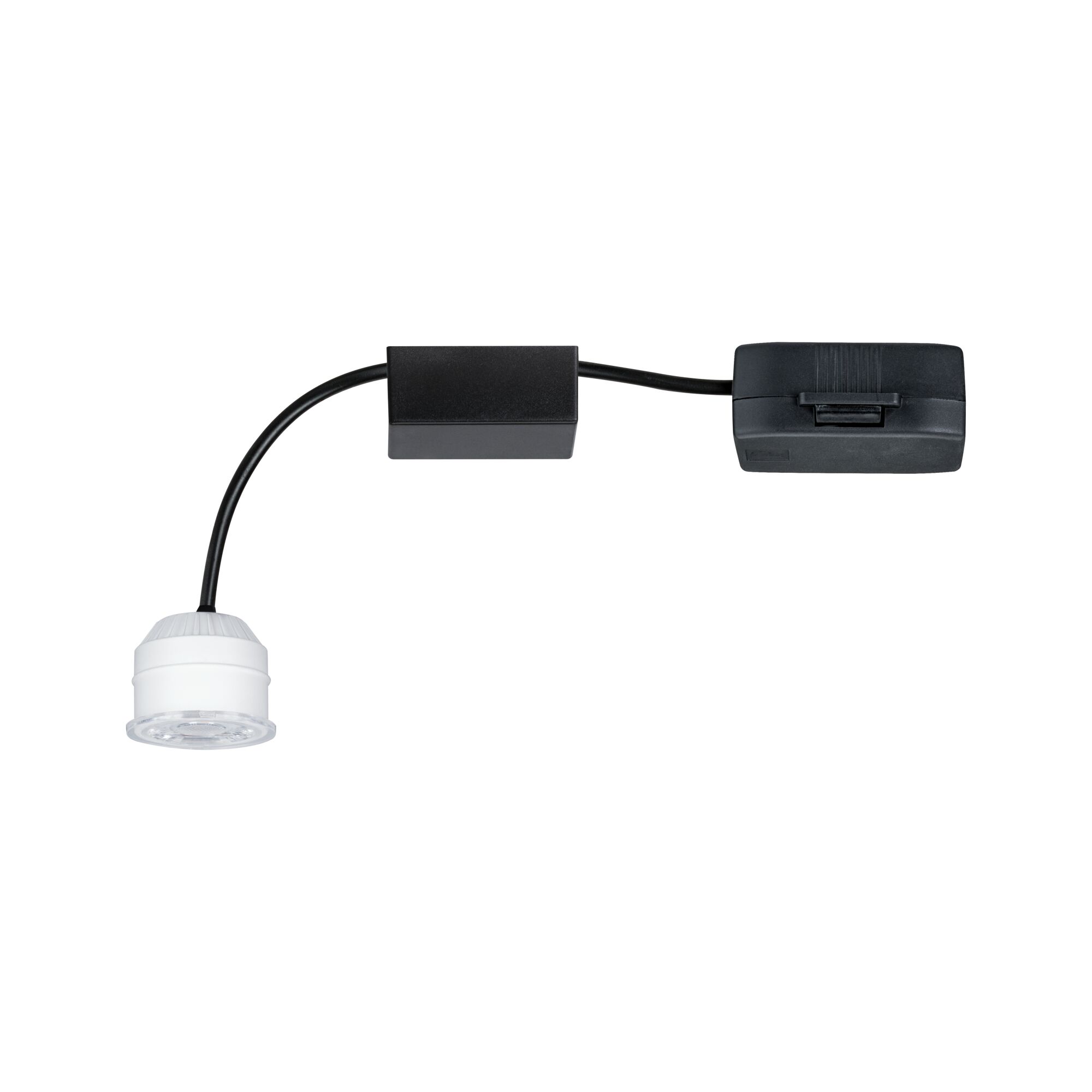 Kompakt LED-adapter med hvid lyskilde og sort kabel til alsidige belysningsløsninger