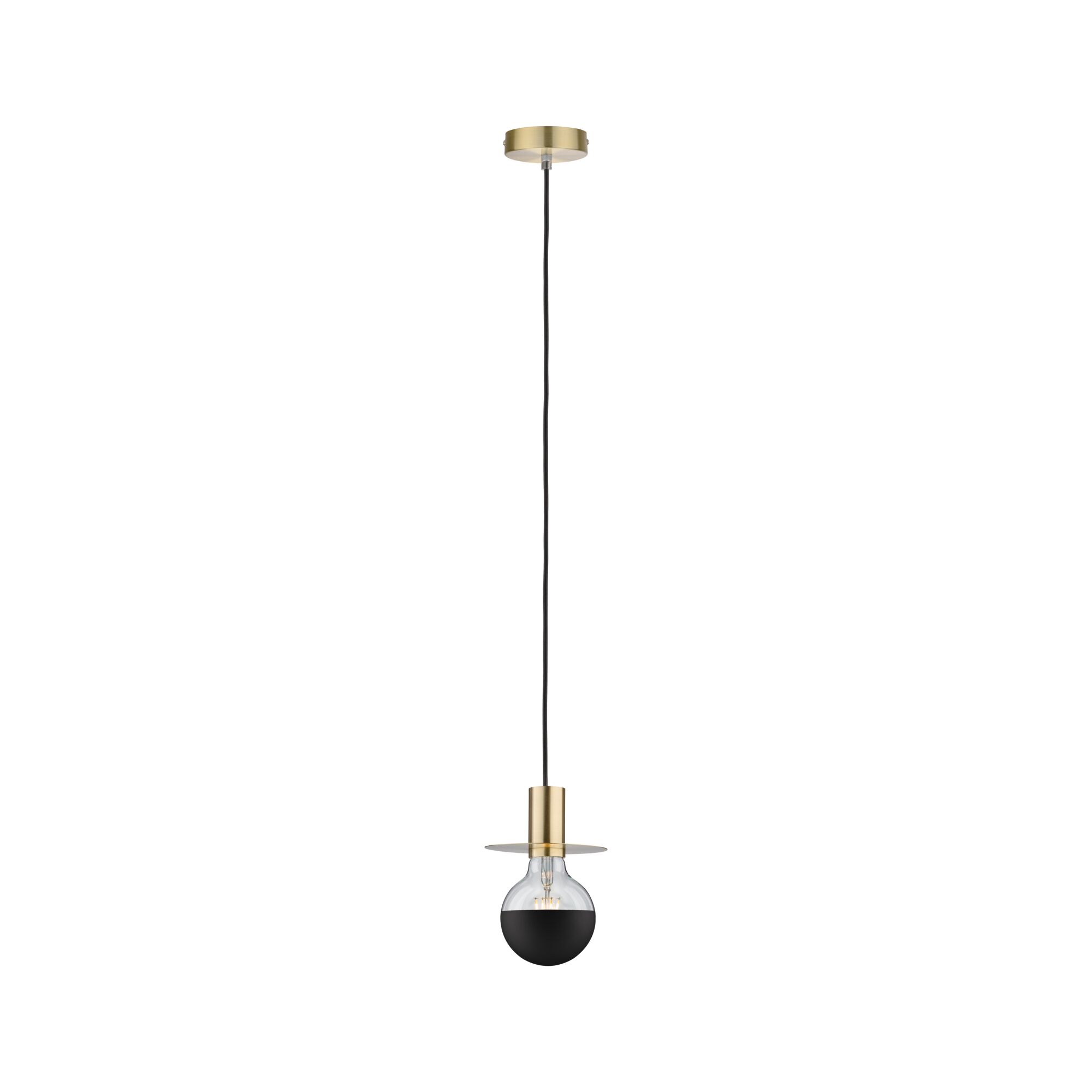 Moderne Pendelleuchte mit schwarzer Glühbirne und goldfarbenem Metall in minimalistischem Design