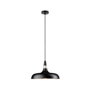 Black metal pendant light with wide shade and warm white light for modern living spaces