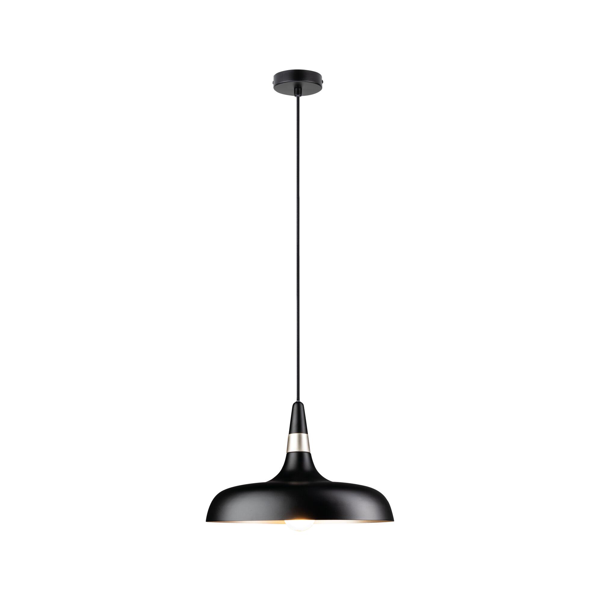 Black metal pendant light with wide shade and warm white light for modern living spaces