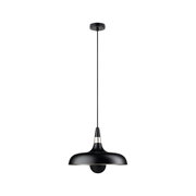 Schwarze Metall-Hängeleuchte mit breitem Schirm und warmweißem Licht für moderne Wohnräume