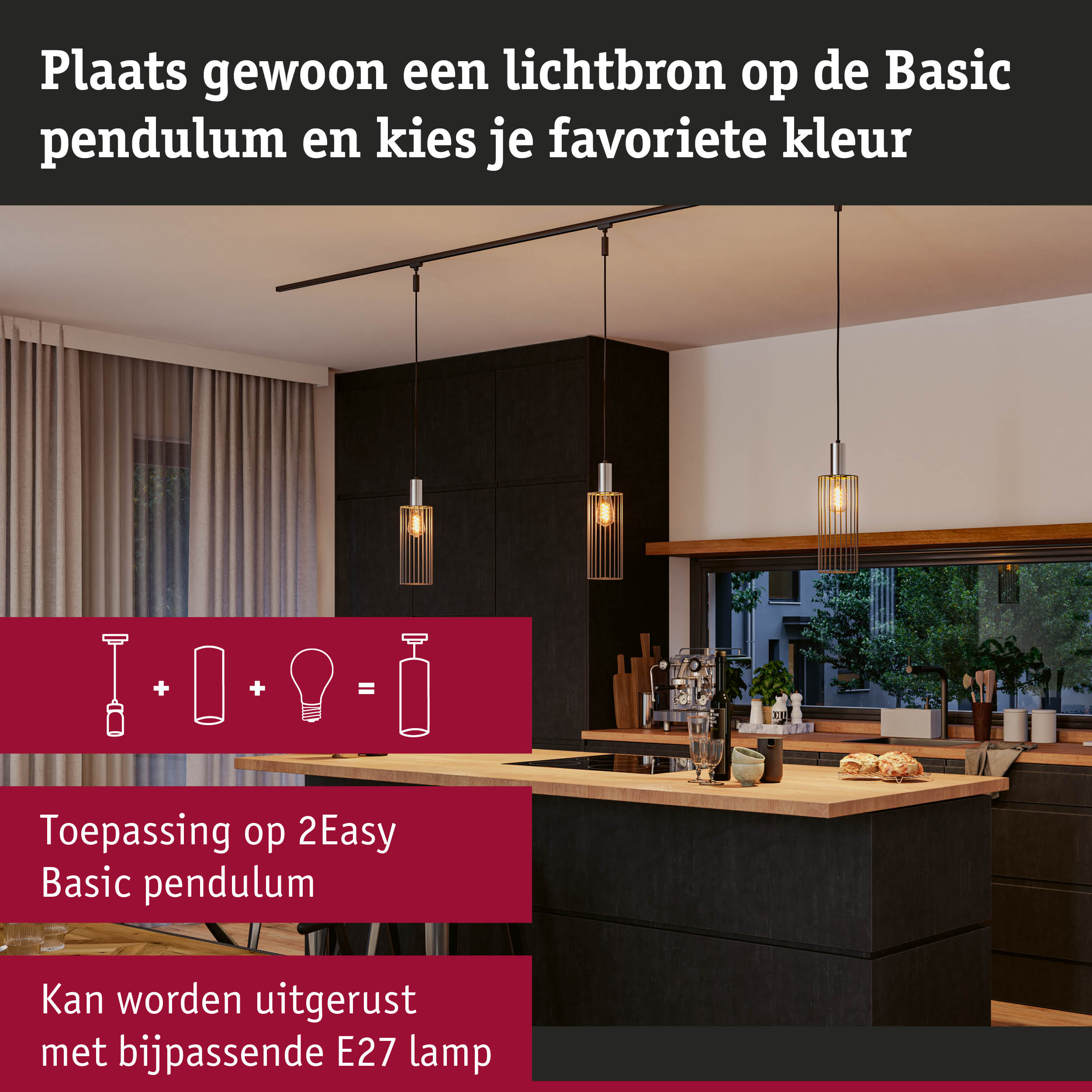 Moderne zwarte metalen kooilampen met warm licht boven keukeneiland in woonruimte