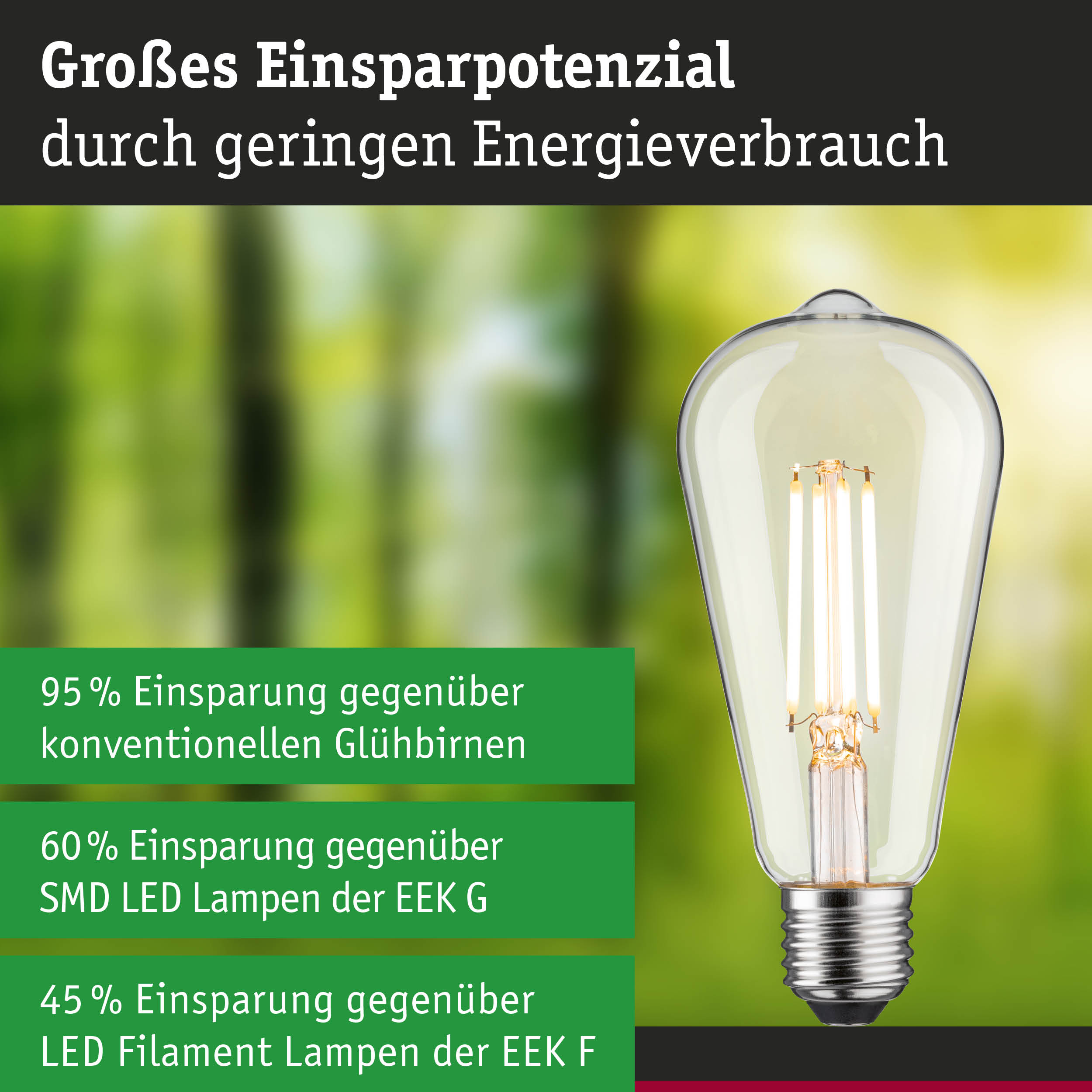 Energiesparlampe mit klarem Glas und sichtbarem LED-Filament für effiziente Beleuchtung
