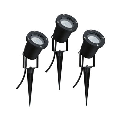 Three black LED garden spotlights with plastic ground spikes for outdoor garden lighting.