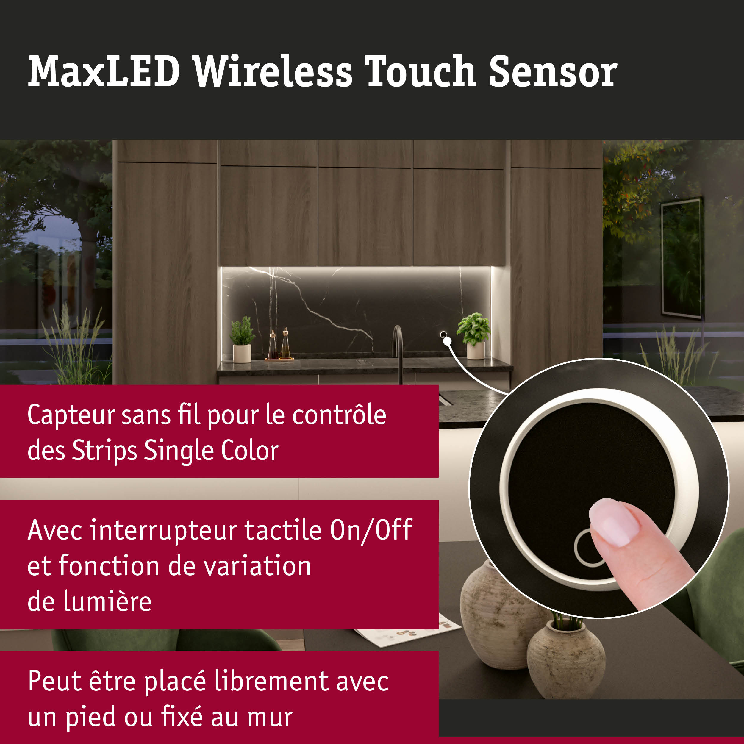 Capteur tactile sans fil MaxLED noir avec anneau blanc pour contrôle d’éclairage LED dans cuisine moderne