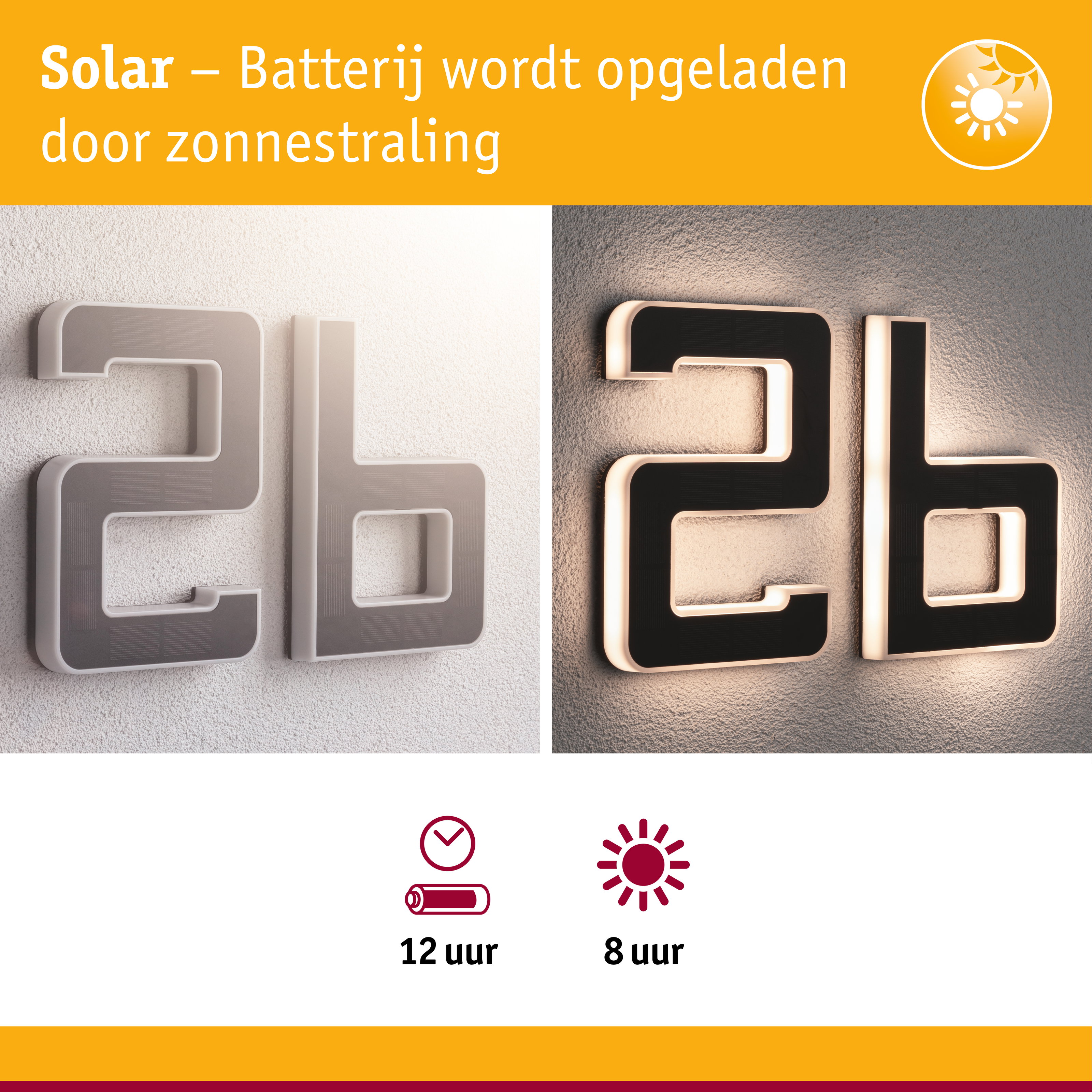 Zonne-energie huisnummer van kunststof in zwart en wit met LED-verlichting voor energiezuinige buitenverlichting