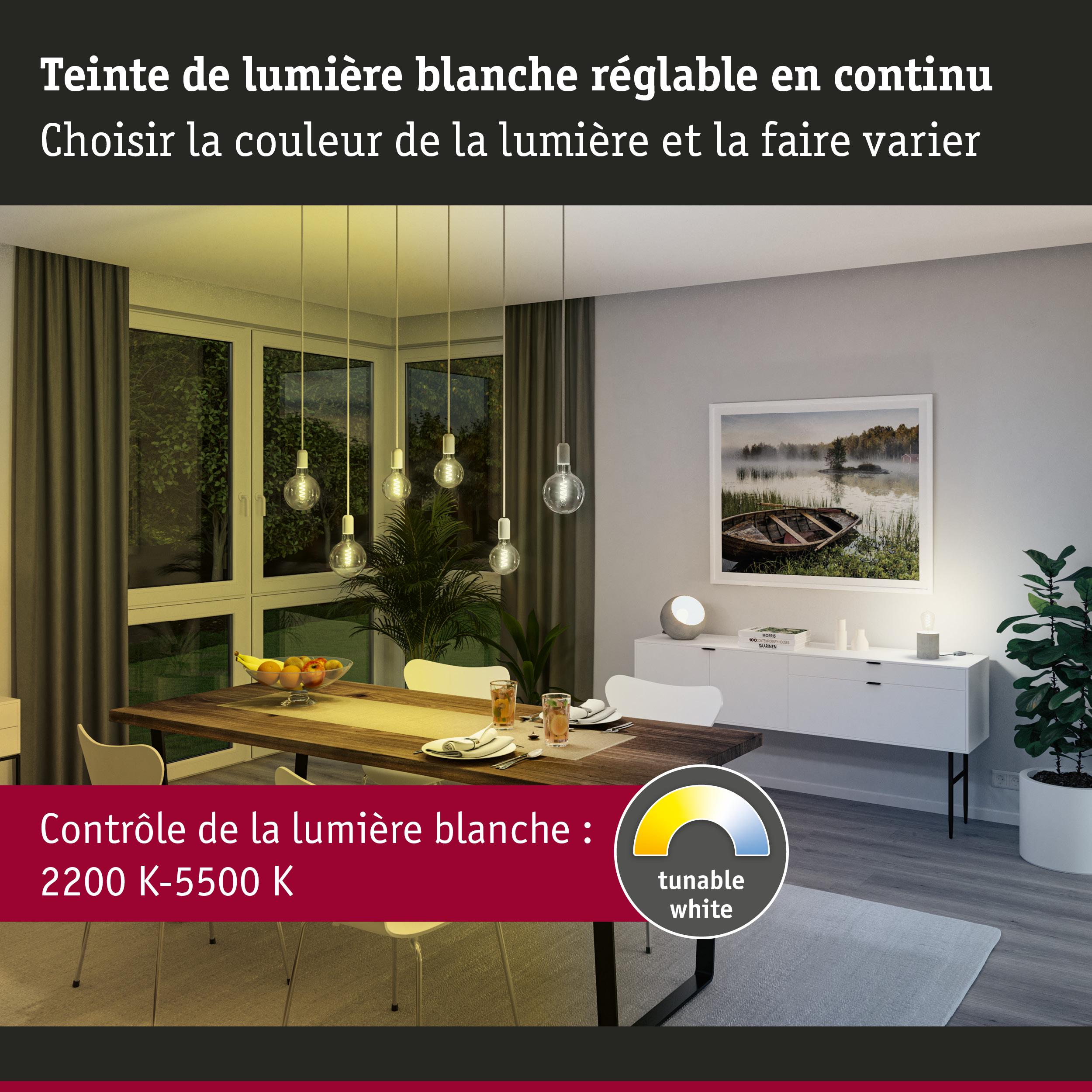 Salle à manger moderne avec éclairage LED blanc réglable et table en bois pour ambiance personnalisée