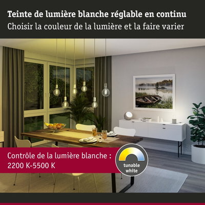 Salle à manger moderne avec éclairage LED blanc réglable et table en bois pour ambiance personnalisée