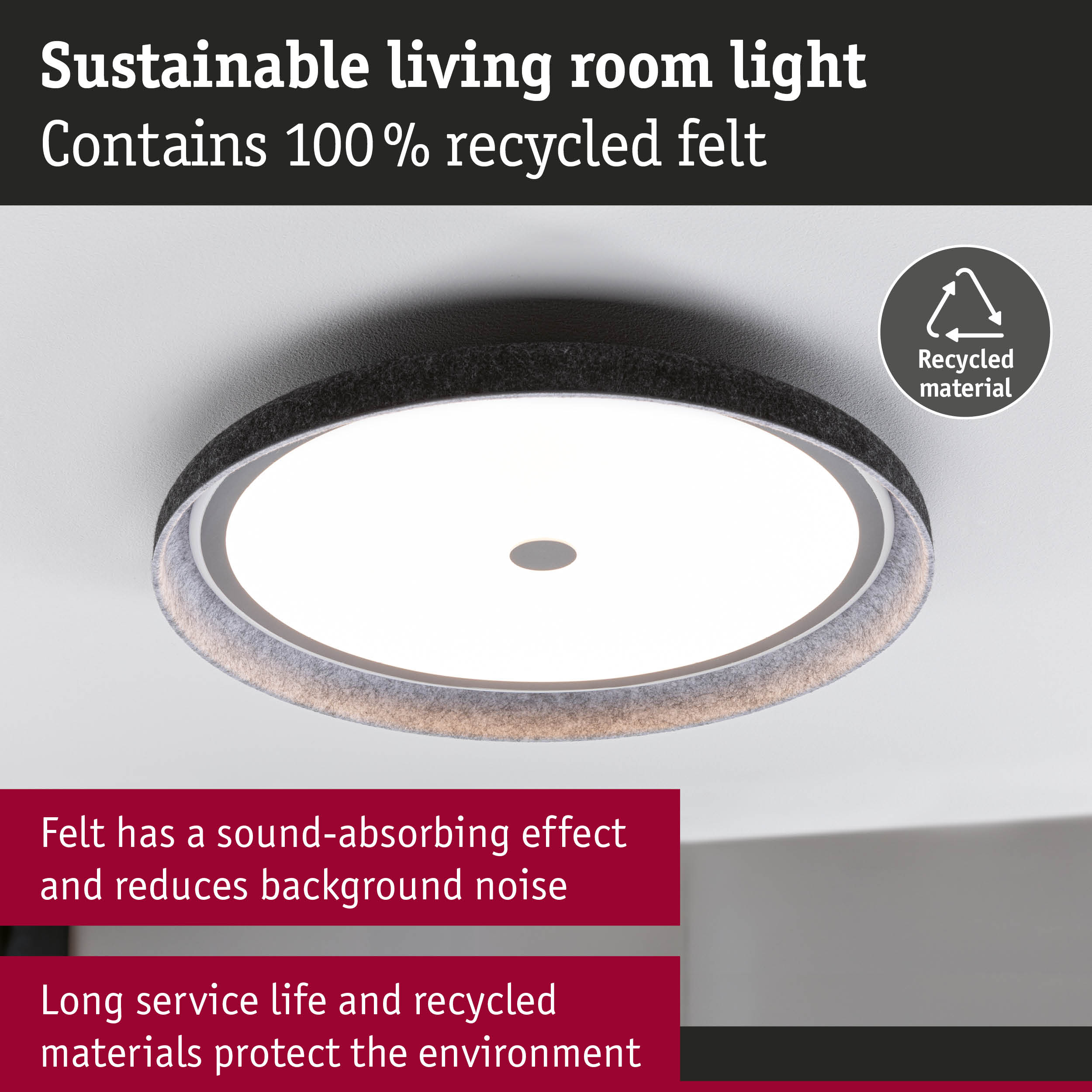 Sustainable grey felt ceiling light for living rooms with 100% recycled material and sound-absorbing effect