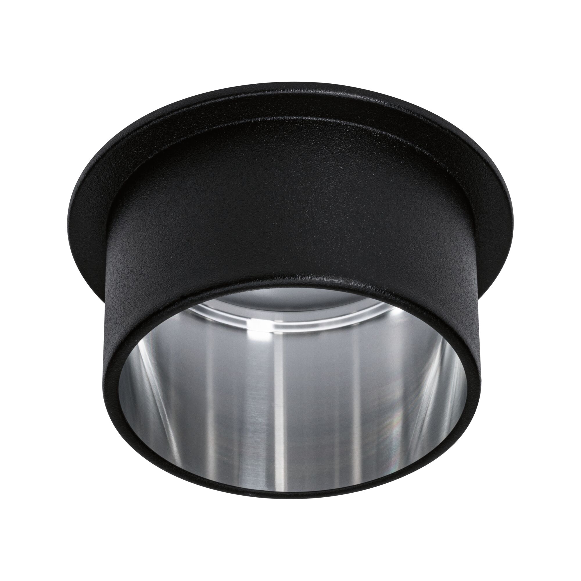 Schwarzer Einbaustrahler aus Metall mit silbernem Reflektor für moderne LED-Beleuchtung