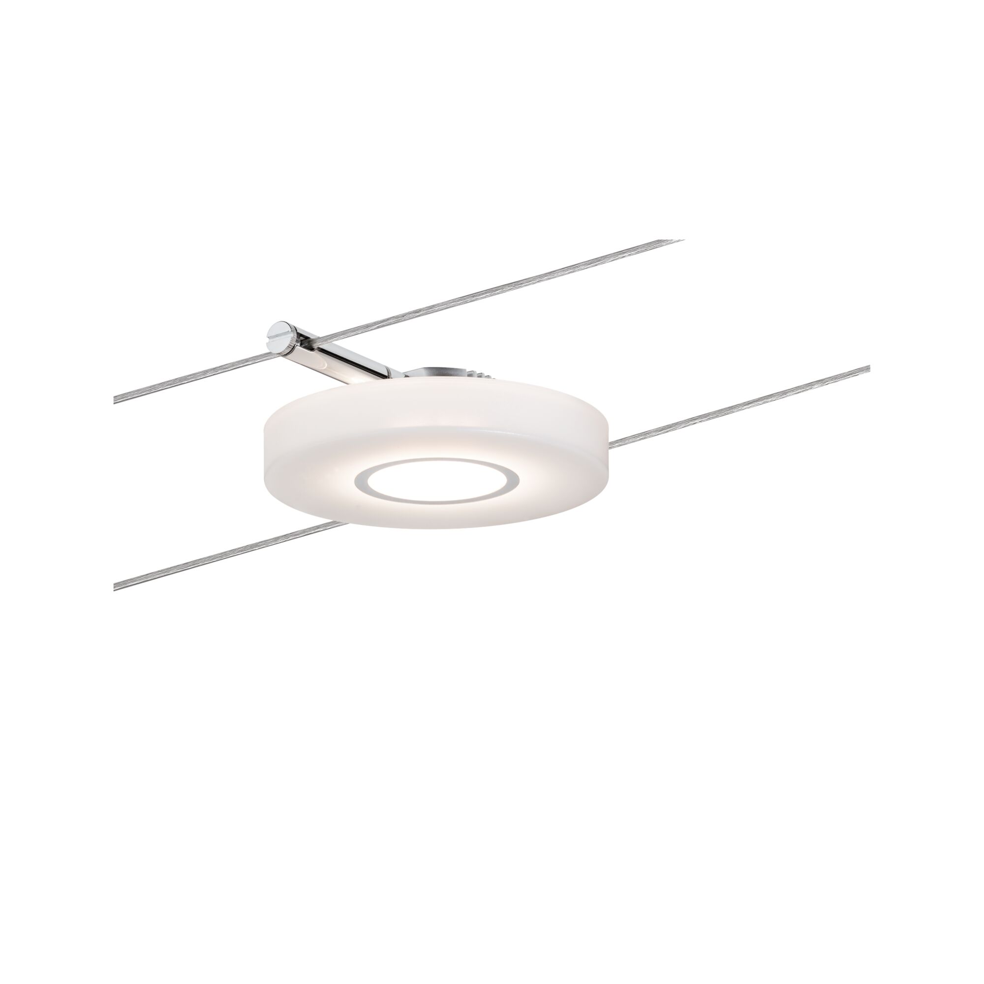 Ronde LED-kabelsysteemlamp met witte kunststof kap en metalen bevestiging voor moderne verlichting