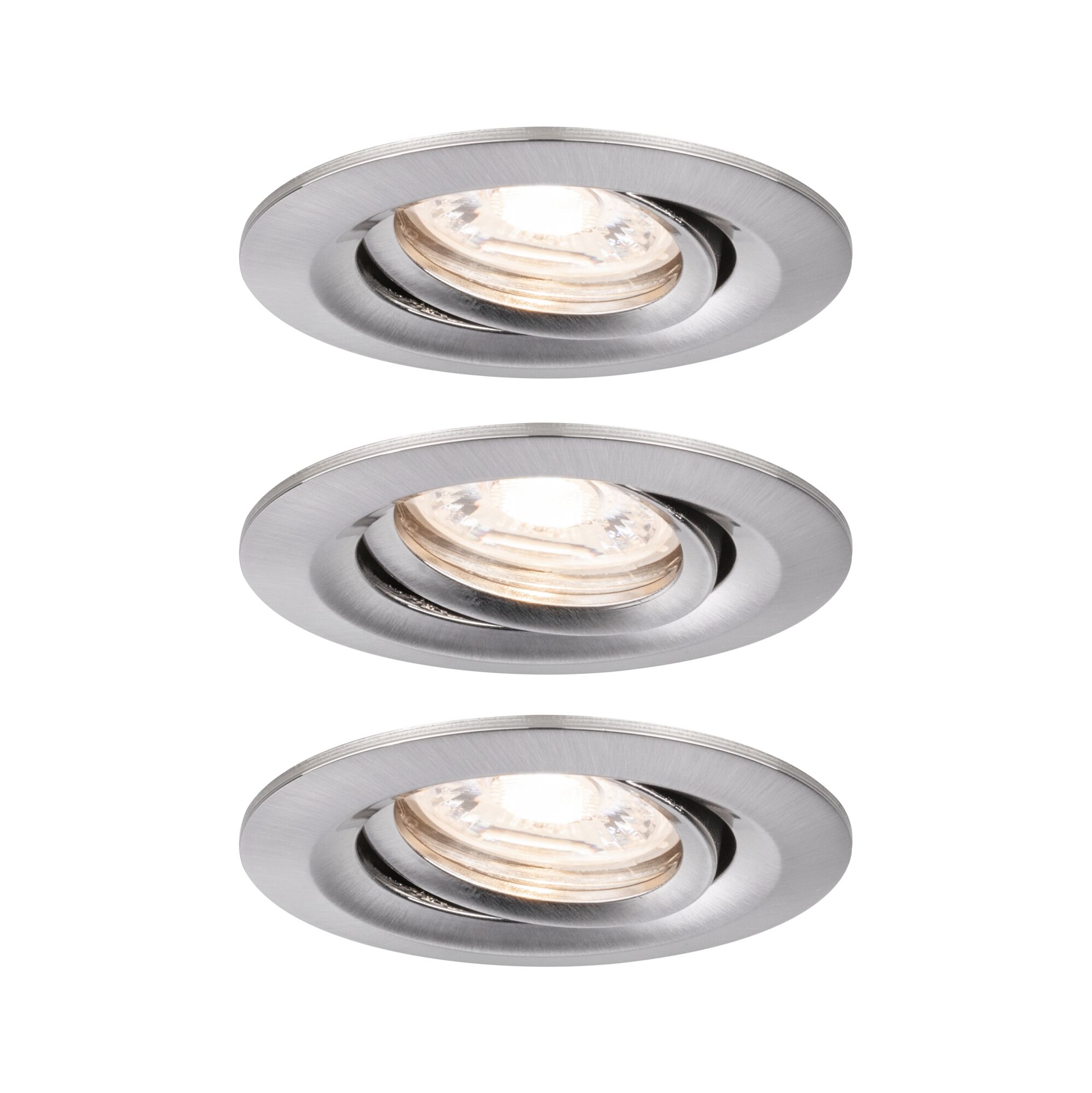Three round recessed spotlights in brushed silver aluminum with warm white light for indoor use