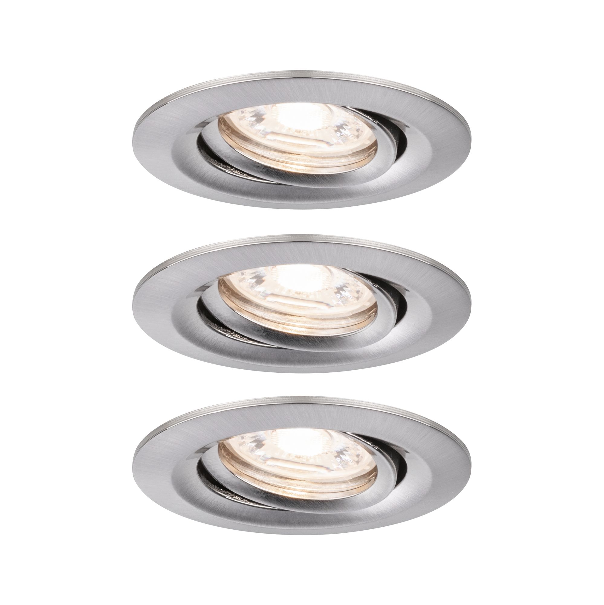 Trois spots encastrés ronds en aluminium brossé argenté avec lumière blanche chaude pour intérieur