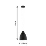 Black metal pendant lamp 145 mm diameter and 180 cm length for modern indoor lighting