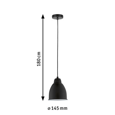 Black metal pendant lamp 145 mm diameter and 180 cm length for modern indoor lighting