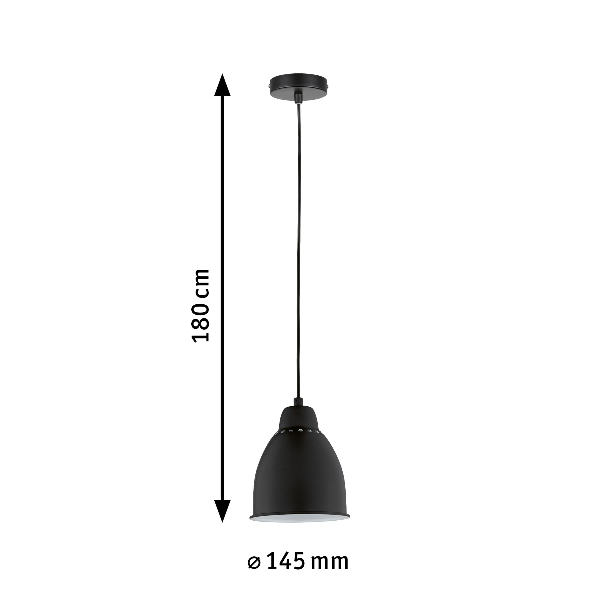 Zwarte metalen hanglamp met 180 cm snoer en 145 mm diameter voor moderne binnenverlichting