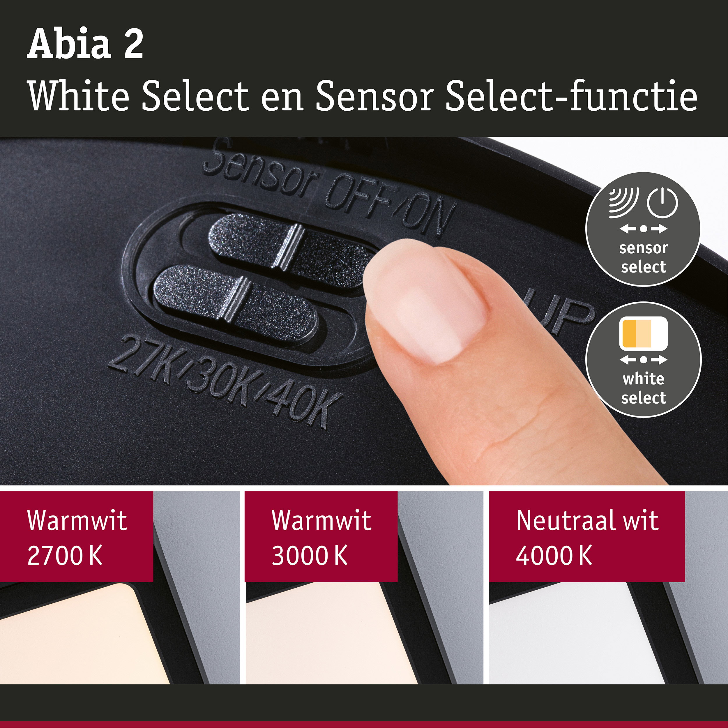 LED-paneel Abia 2 White Select Schemergestuurde bewegingsmelder (HF) hoekig 400x400mm 16W 1400lm White Select Zwart
