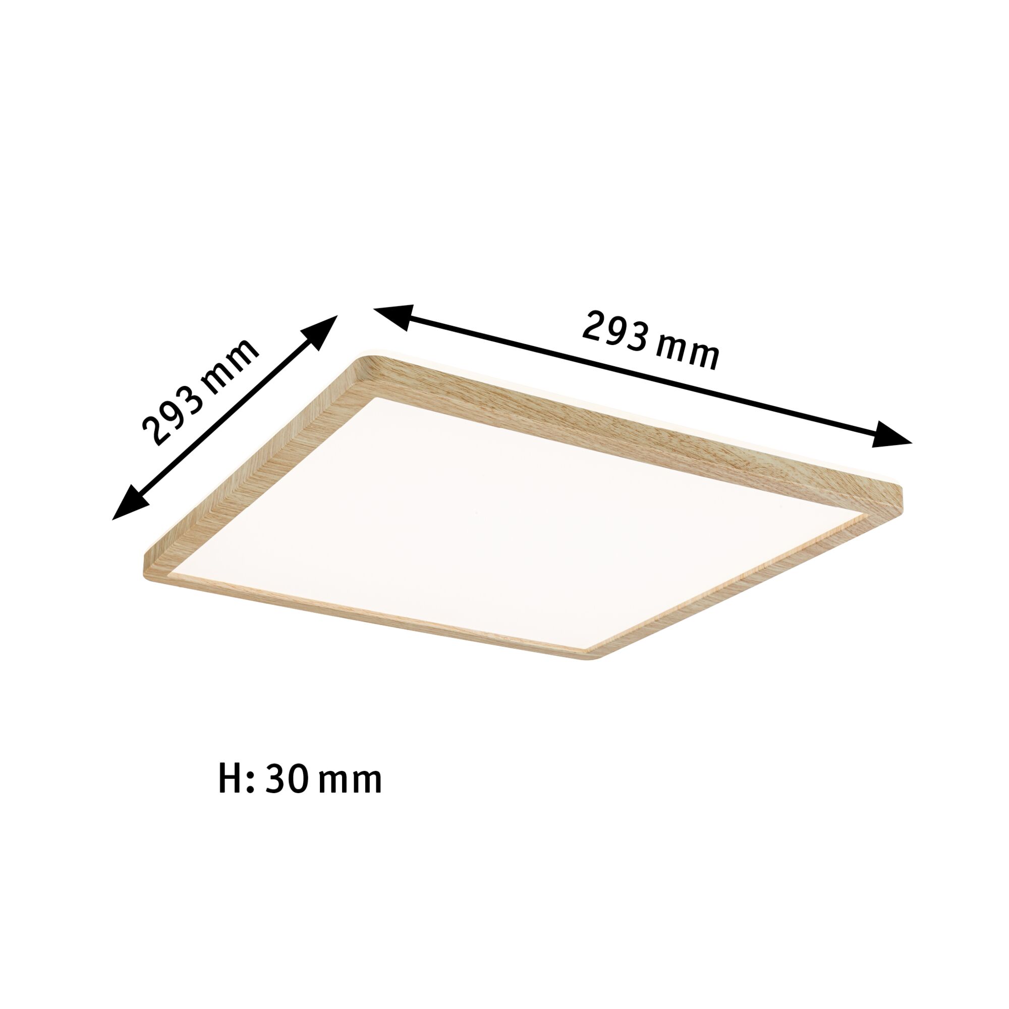 Square LED ceiling light with natural wood frame, 293x293 mm, energy-efficient lighting solution