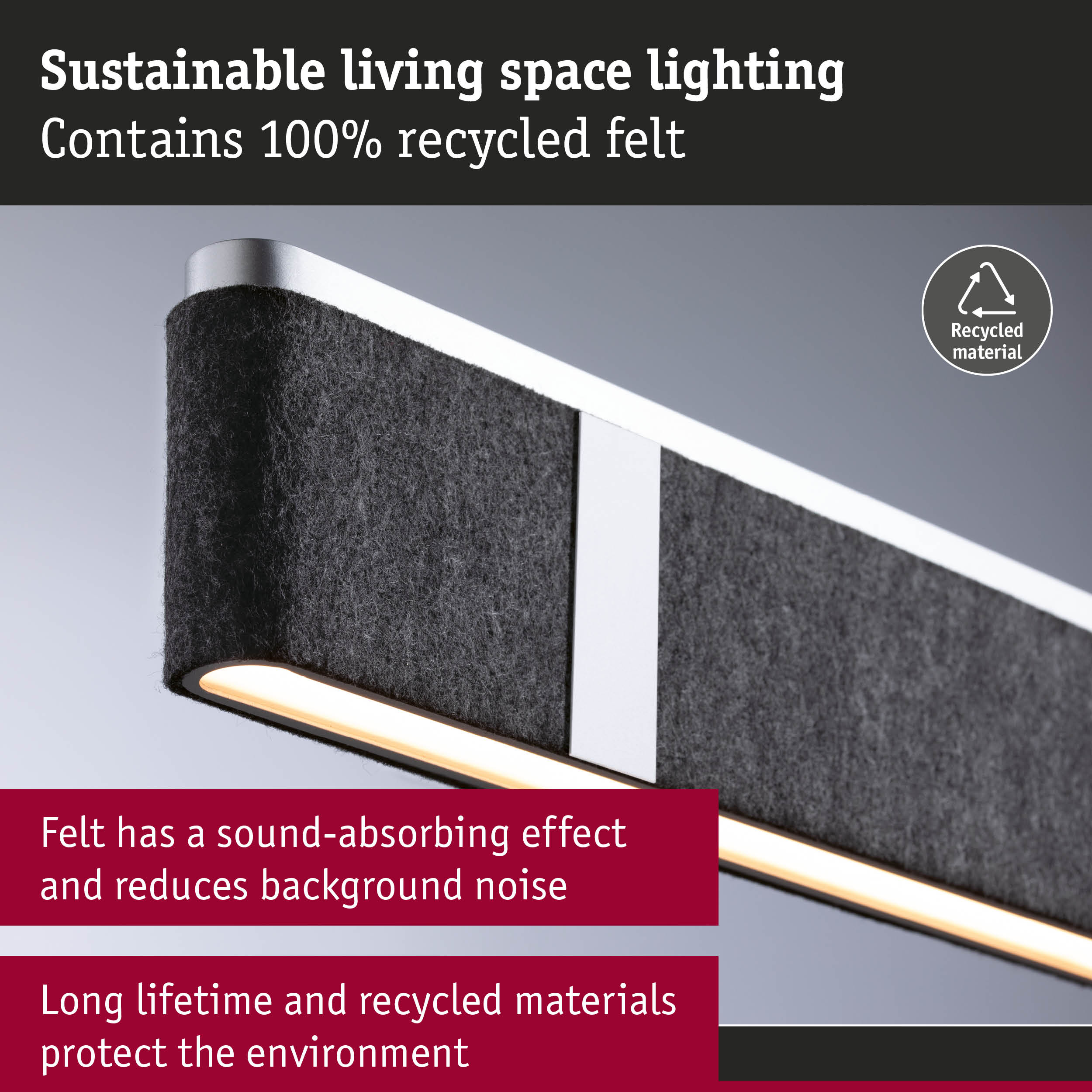Sustainable living space light with 100% recycled grey felt and integrated LED lighting