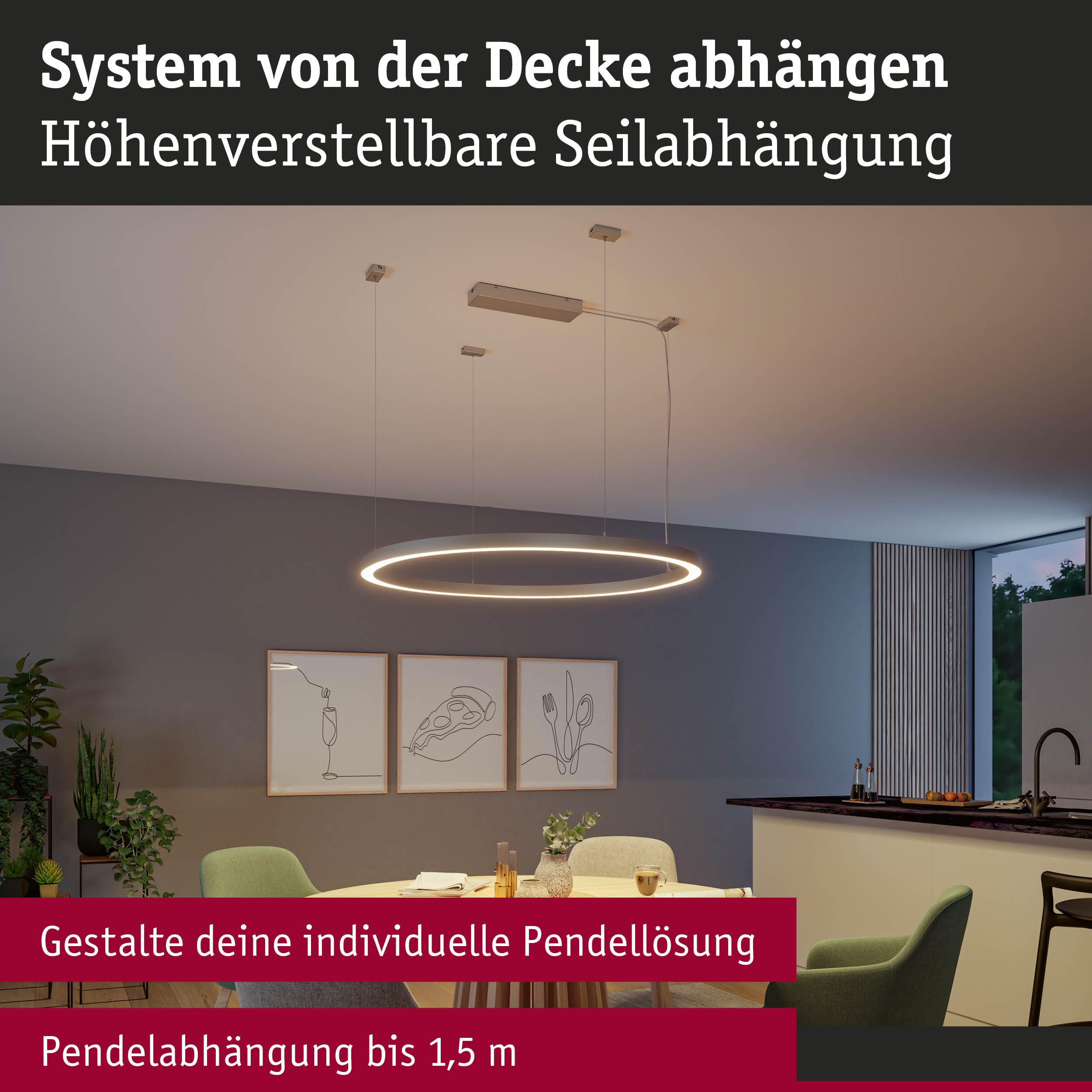 Moderne runde LED-Pendelleuchte mit höhenverstellbarer Seilabhängung in Wohnküche