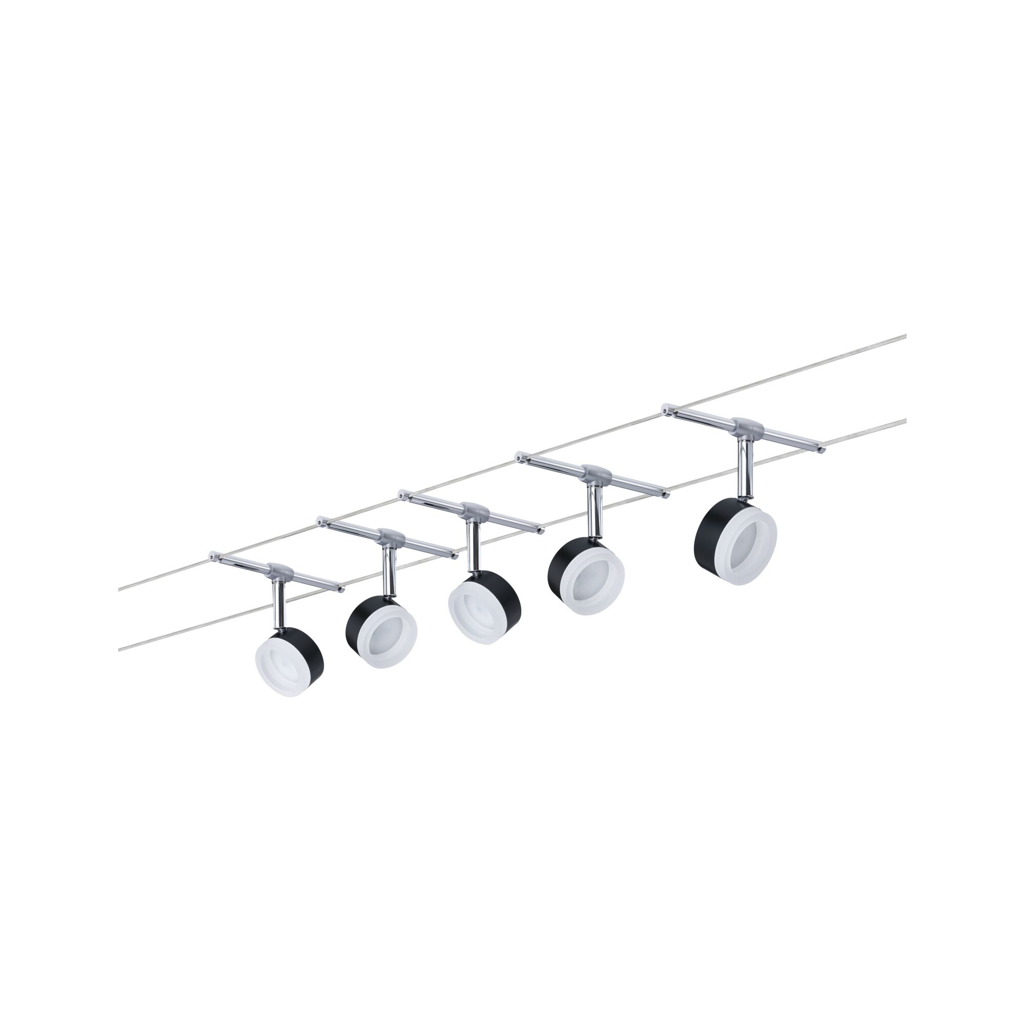 Sechs schwarze und weiße LED-Seilstrahler aus Metall für moderne Beleuchtungssysteme.